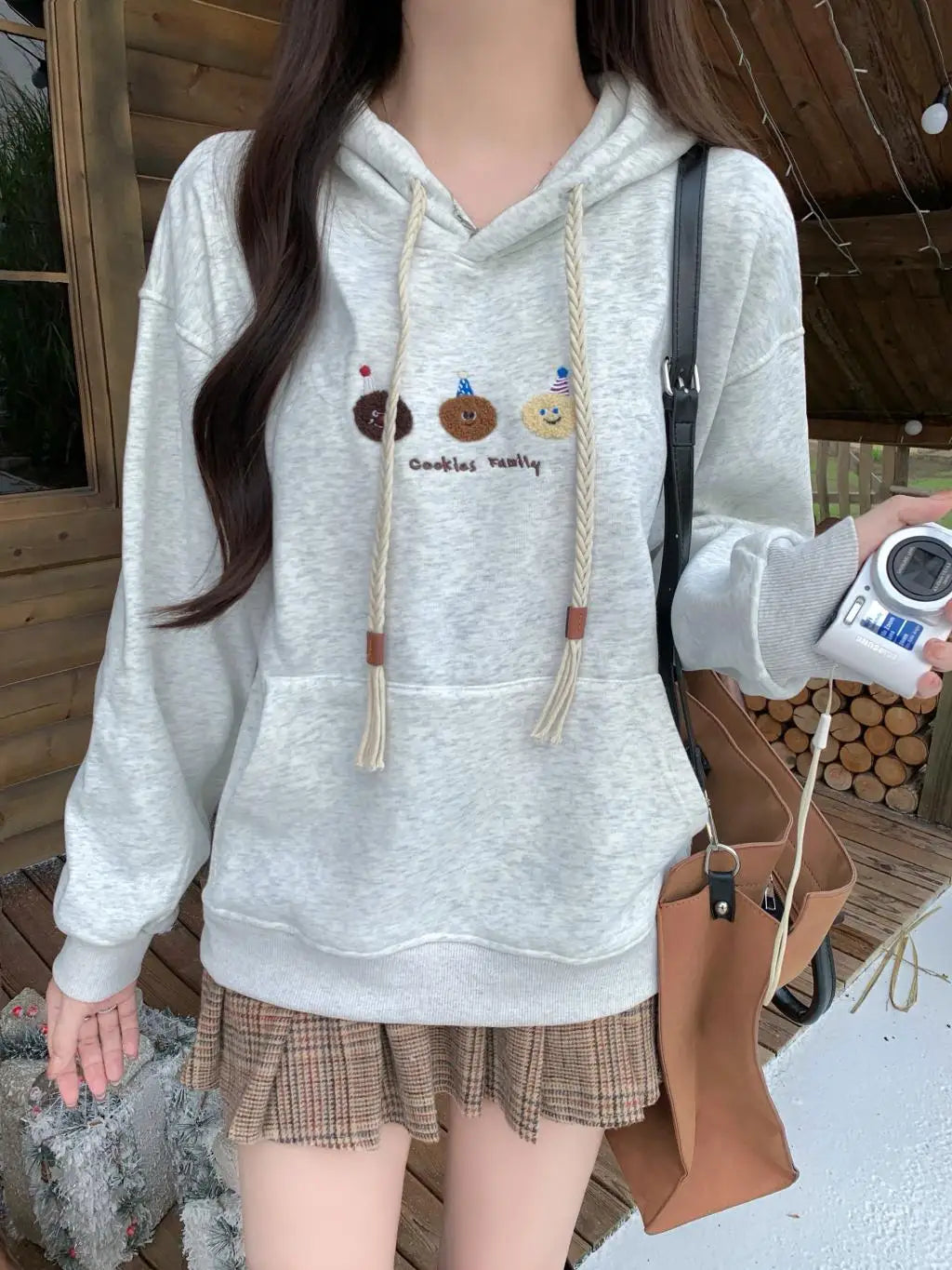 Women's Grey Embroidered Drawstring Hoodie - Korean Fashion Cotton Velvet Sweatshirt for Autumn Winter | Casual Streetwear & Vacation Outfit