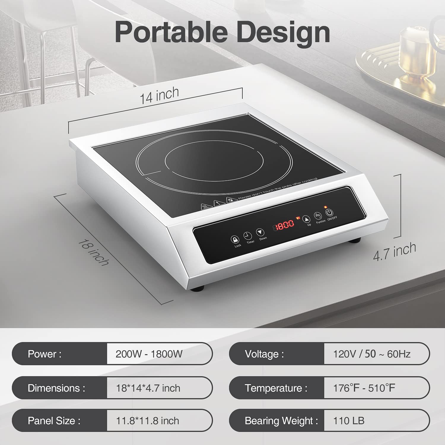 ANHANE 1800W Portable Induction Cooktop - Commercial Countertop Burner with 9 Temp Levels, 3-Hour Timer, Auto Shut-Off & Child Safety Lock - Perfect for Home Kitchen, Dorm Cooking, RV Travel & Outdoor Camping