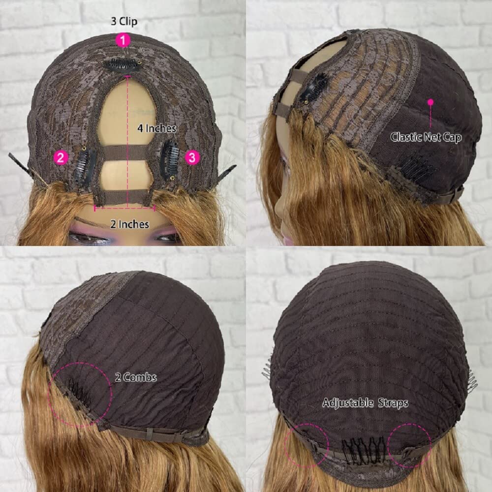 Honey Blonde U-Part Human Hair Wig for Black Women - Brazilian Remy Virgin Body Wave 18 Inch 150% Density (Color 27# Brown) | 2x4 U-Shape Clip-in Half Wig for Daily Wear, Parties & Special Occasions