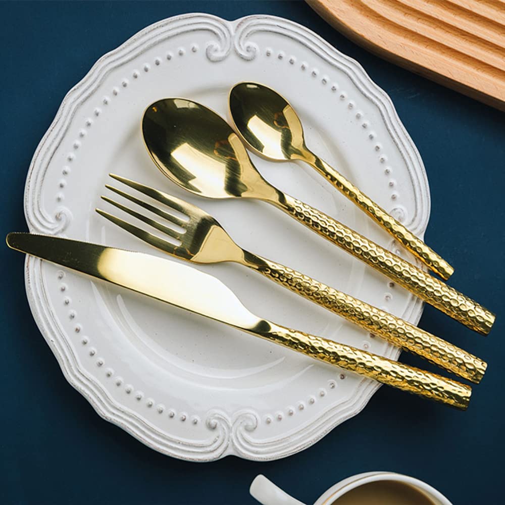 48-Piece Hammered Gold Stainless Steel Flatware Set for 12 - Modern Dinner Knives, Forks & Spoons - Elegant Tableware for Home, Kitchen & Dinner Parties