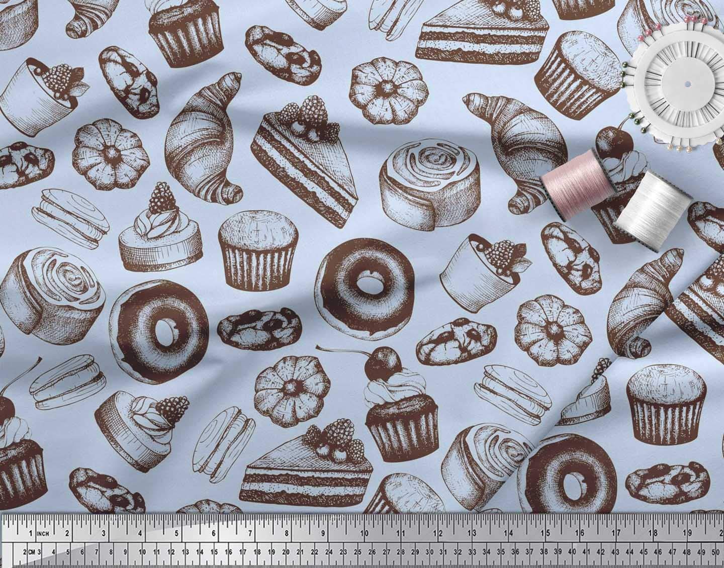 Soimoi Viscose Chiffon Blue Fabric by The Yard - 42 Inch Wide - Cupcake, Donut & Cookies Food Print Fabric for DIY Crafts, Sewing Projects, Quilting, and Home Decor - Whimsical Printed Fabric for Dressmaking, Curtains, and Scarf Making