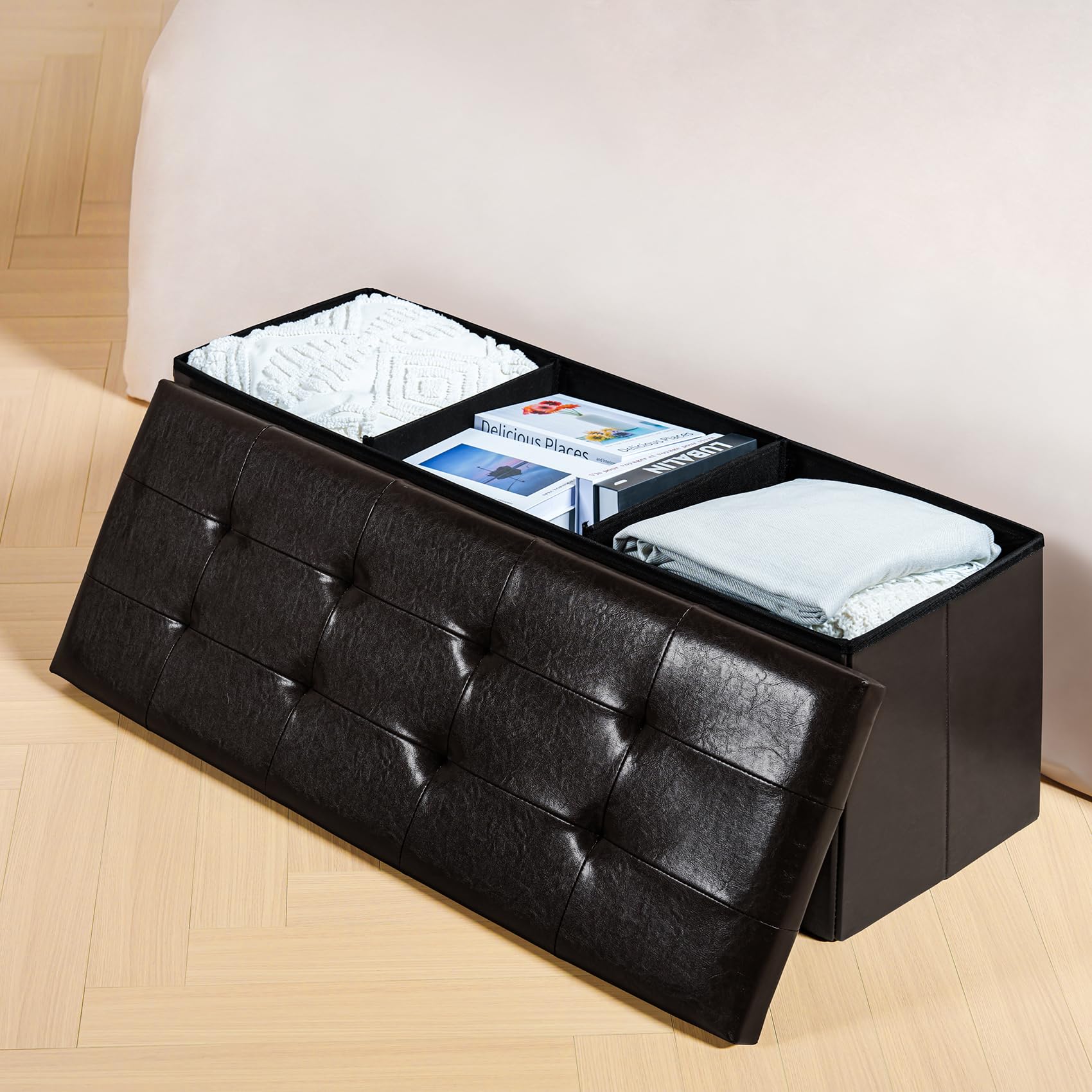 PINPLUS Folding Storage Ottoman Bench - Brown Faux Leather Footrest Seat with Hidden Storage Compartment, 43.3