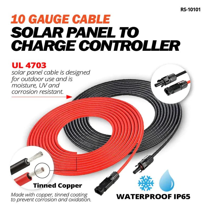 Rich Solar 10 Gauge 10 Feet Solar Panel Extension Cable with MC4 Connectors for Charge Controller | Weatherproof PV Wire for Off-Grid Solar Systems, RV, Boat & Home Solar Panel Installations