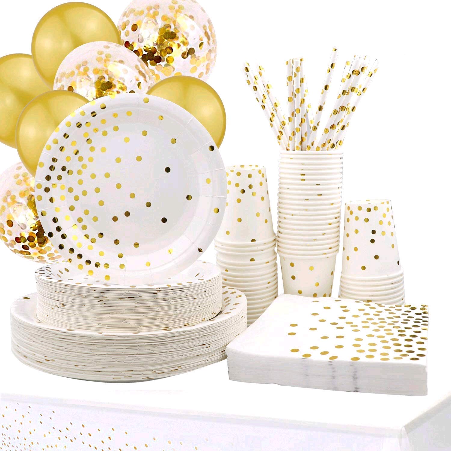 310PCS Gold Dot Disposable Paper Party Plates Set - 50 Dinner Plates, 50 Dessert Plates, 50 Cups, 50 Napkins, 50 Straws & 60 Balloons for Birthday, Wedding, Baby Shower & Holiday Celebrations