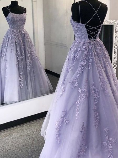 Light Purple Spaghetti Straps A-Line Prom Dress with Appliques & Tulle - Perfect for Evening Gala, Homecoming Dance & Formal Events