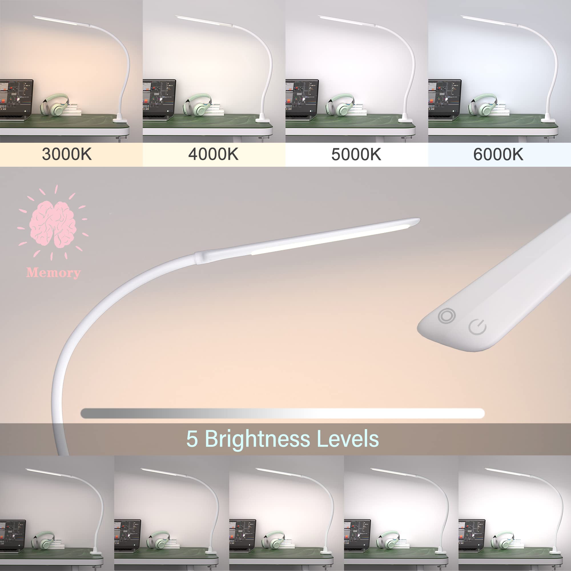 Hokone 10W LED Desk Lamp with Clamp - Dimmable Touch Control for Office & Study