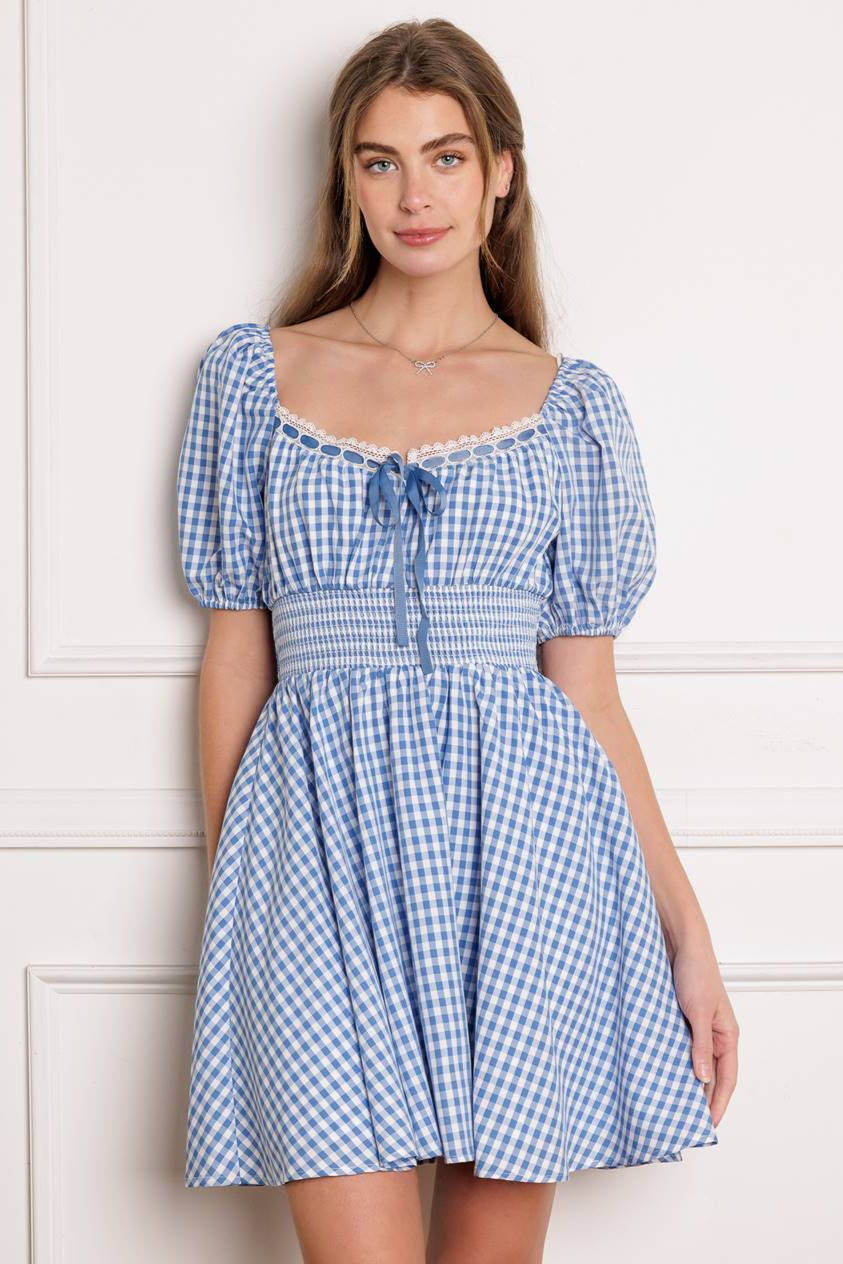 Kansas Skies Blue Gingham Mini Dress - Floral Print Summer Dress for Women | Perfect for Picnics, Beach Outings & Date Nights