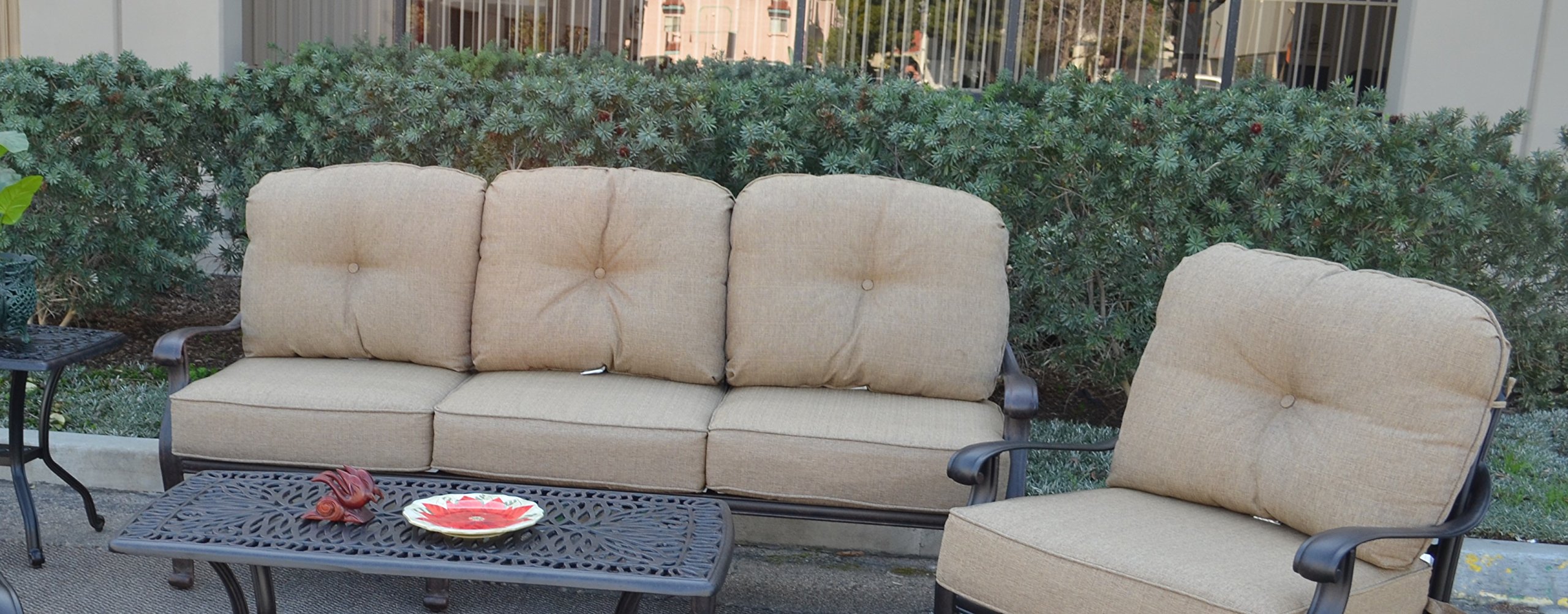 Elizabeth 6-Piece Outdoor Patio Furniture Set - Cast Aluminum Antique Bronze Frame with Walnut Cushions - Perfect for Garden, Backyard, Poolside & Patio Relaxation