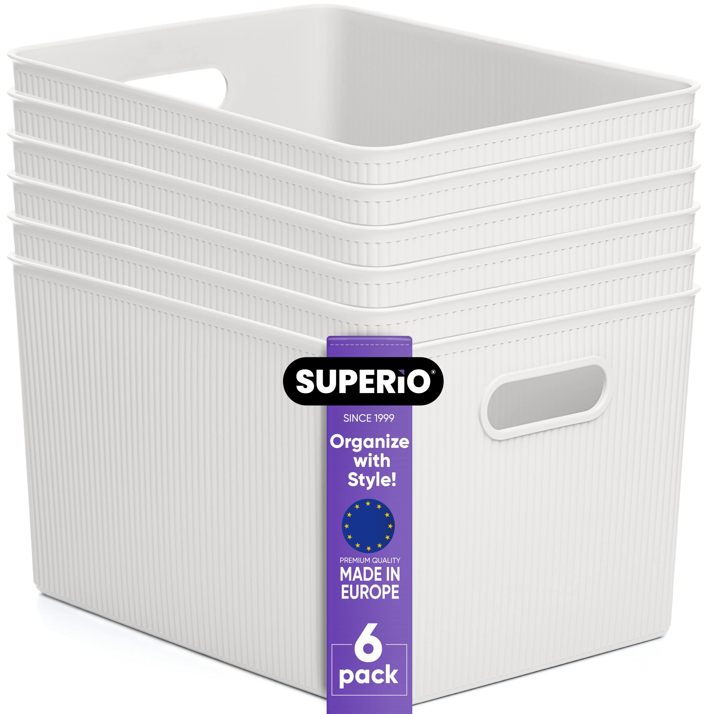Superior Ribbed Collection - Decorative Plastic Open Storage Bins (6-Pack, X-Large White) 22L/23Qt Home Organization Baskets for Closet, Shelves, Drawers & Pantry | Perfect for Bedroom, Bathroom & Office Storage Solutions