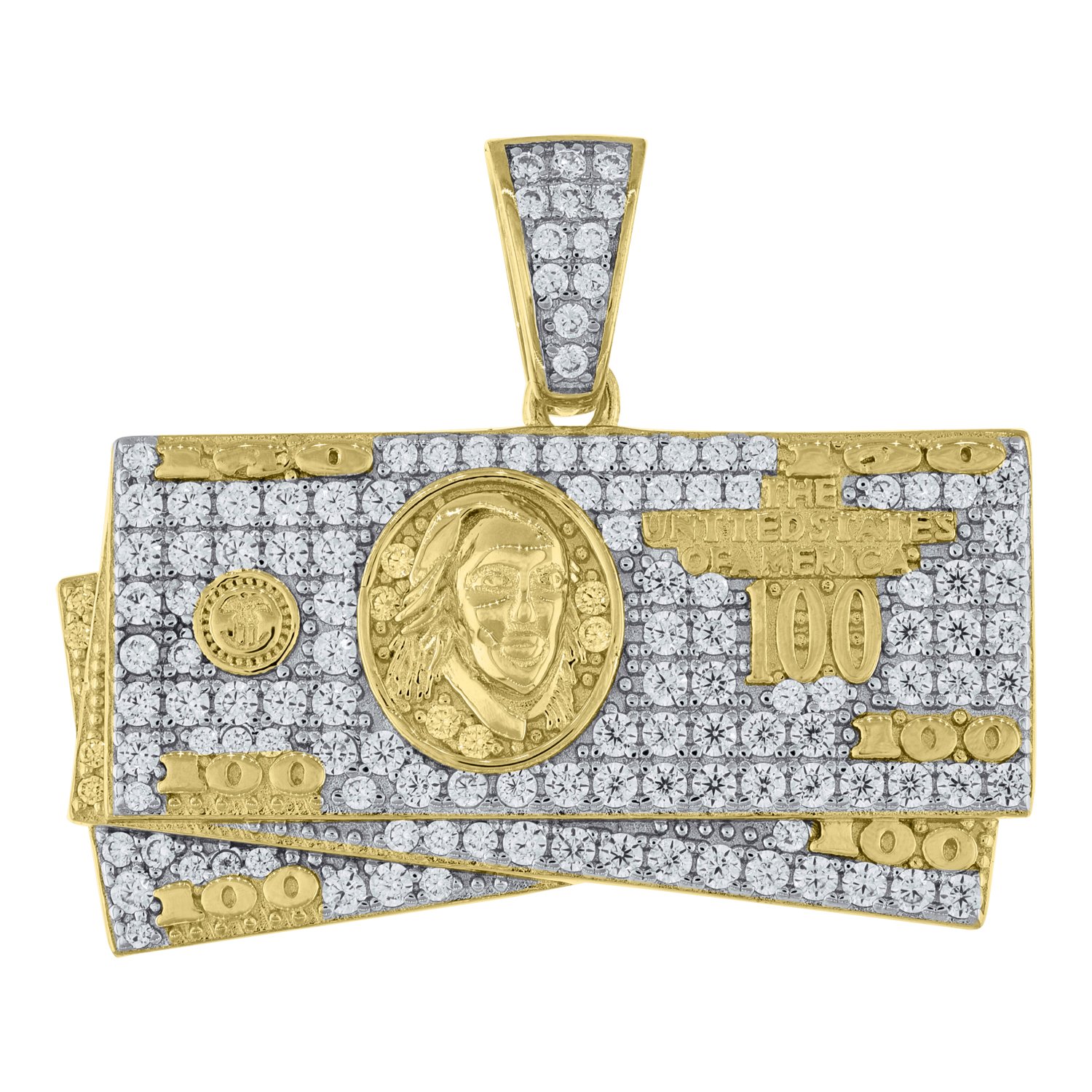 925 Sterling Silver Yellow-Tone Cubic Zirconia CZ $100 Bill Cash Men's Pendant Necklace - Perfect for Gifts, Parties & Hip Hop Jewelry Collection