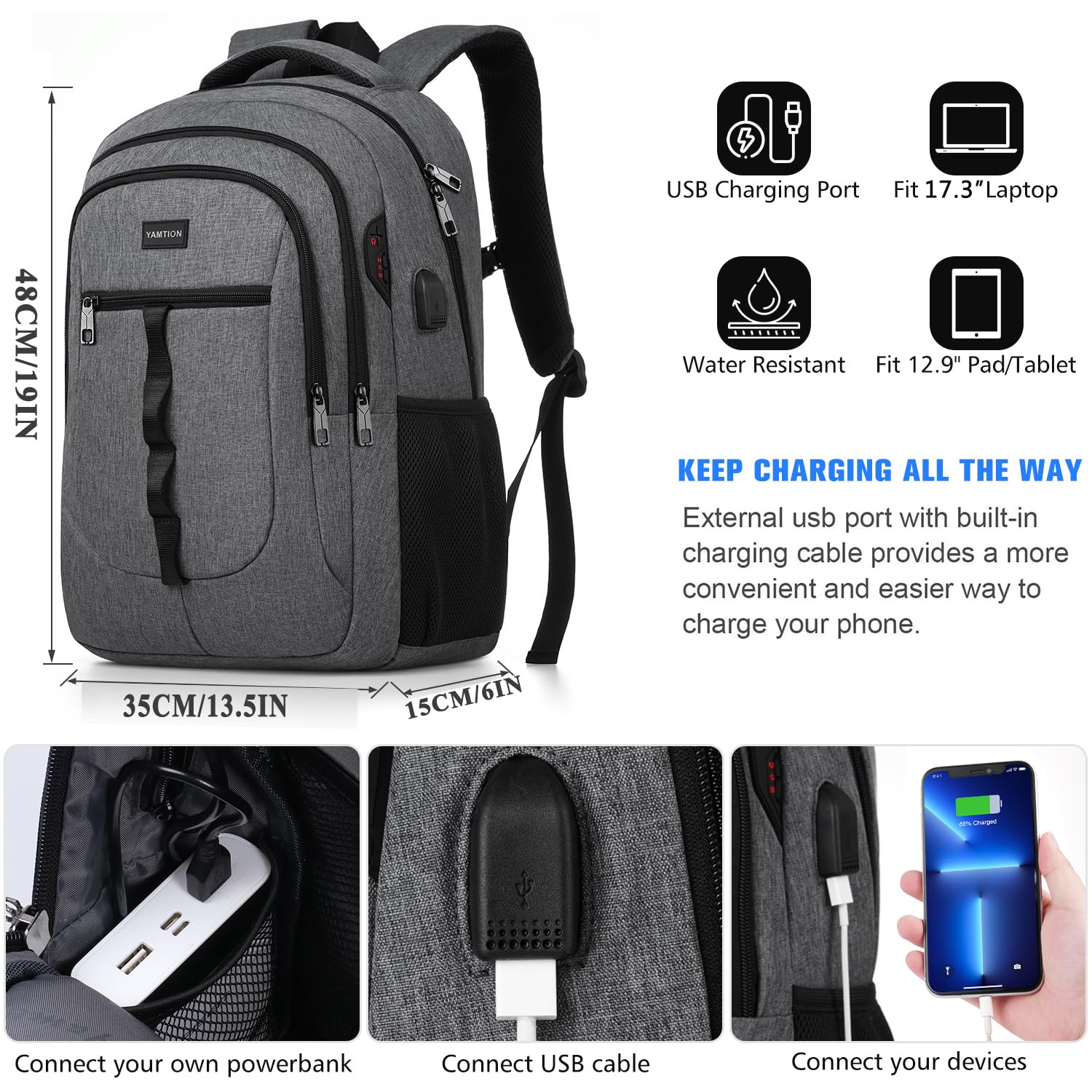 YAMTION 17 Inch Laptop Backpack for Men & Women - USB Charging Port, Water Resistant College Bookbag for Work, Business & Travel - Perfect for Commuting, School & Daily Use