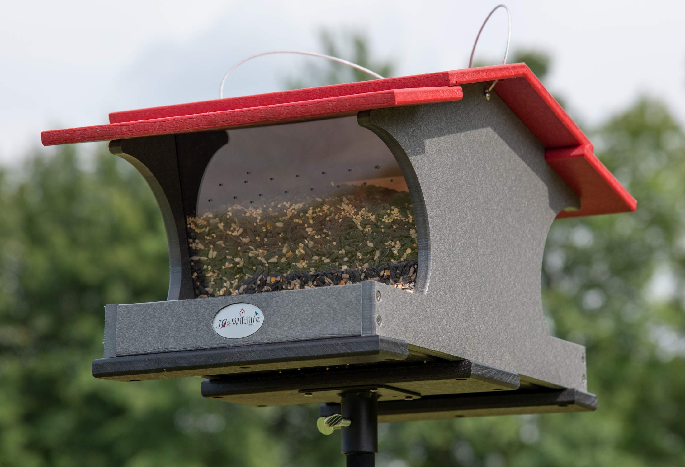 JCs Wildlife Large Poly Hopper Bird Feeder - 2 Gallon Capacity, Cardinal Red/Gray - Attract Cardinals & Songbirds to Your Backyard Garden or Patio