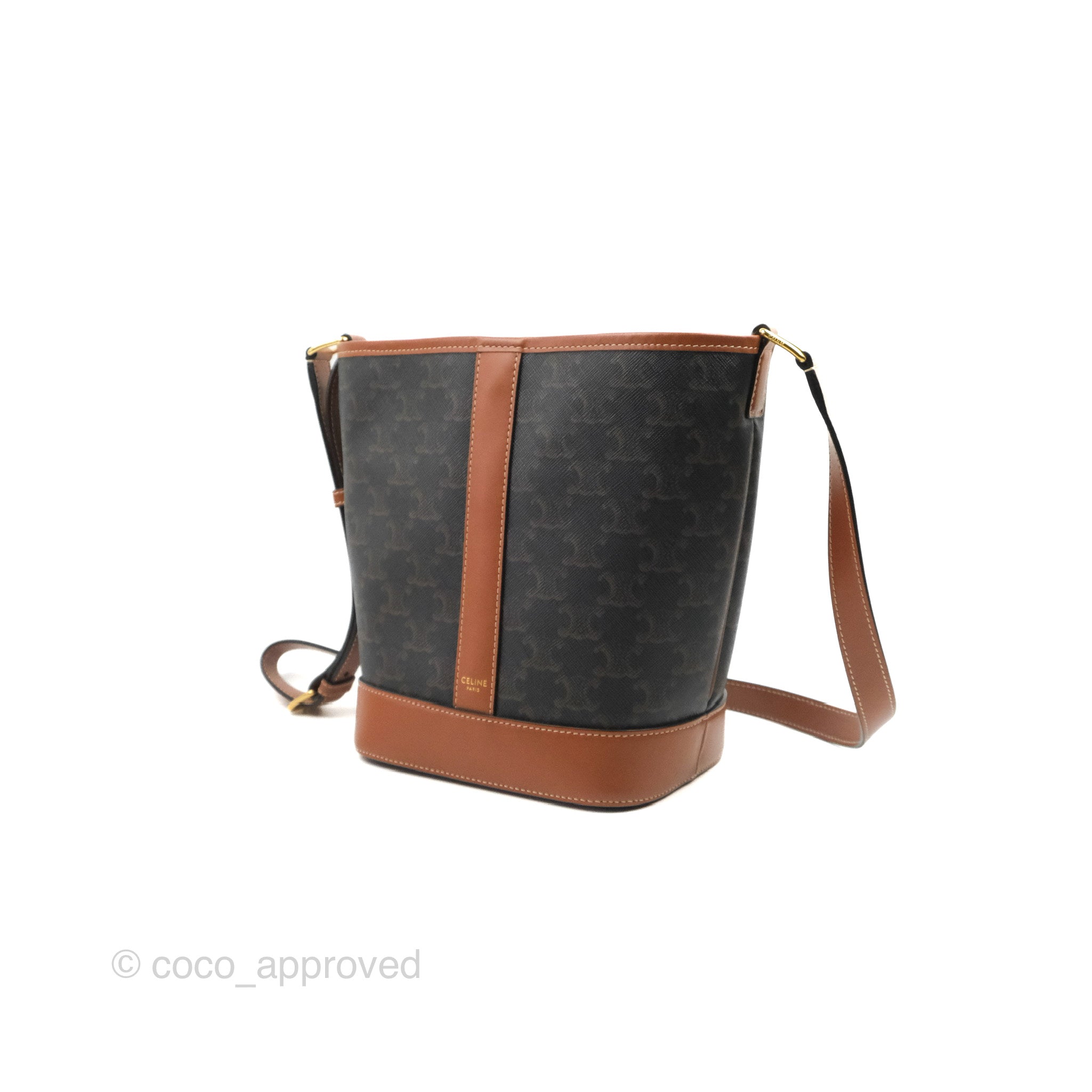 Celine Small Bucket Bag in Triomphe Canvas & Tan Calfskin Leather - Perfect for Everyday Use, Work & Travel Accessories