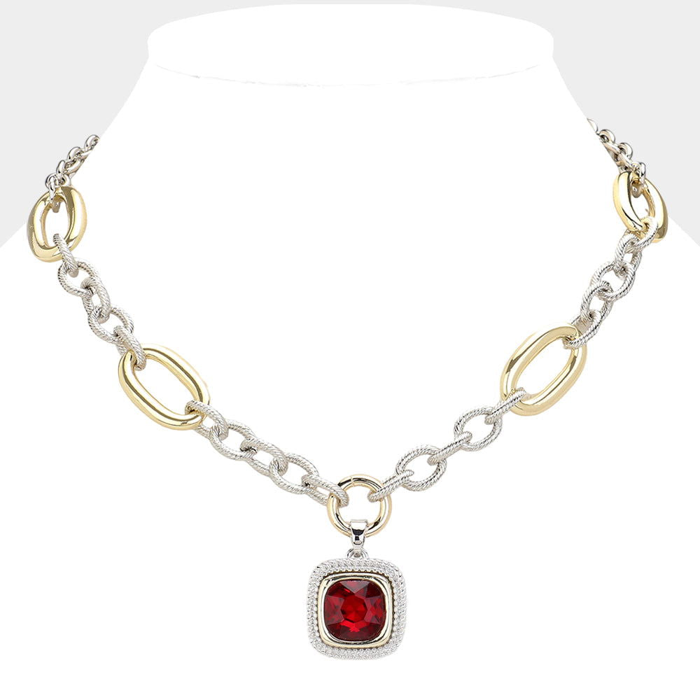 14K Gold Plated Two-Tone Metal Link Necklace with Textured Square Siam Stone Pendant - Elegant Jewelry for Women, Perfect for Parties, Weddings & Daily Wear