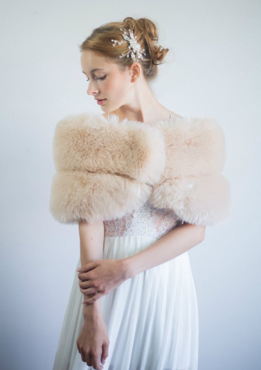 Blush Beige Fur Shawl Wrap - Women's Elegant Winter Fashion Scarf for Parties, Weddings & Evening Events (Penelope Blu01)