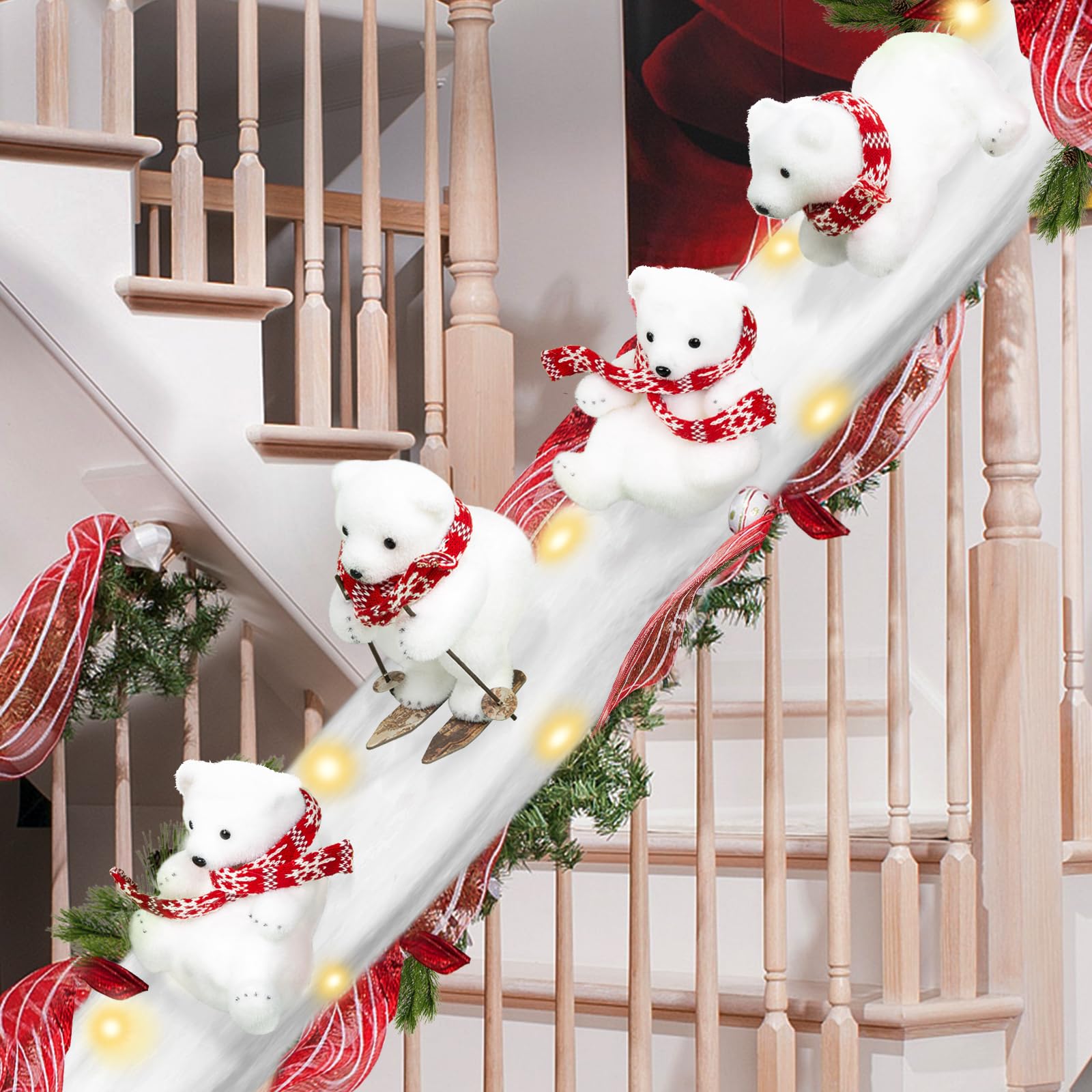 Polar Bear Christmas Staircase Decorations Set - 4PCS Skiing Polar Bears with Artificial Snow & LED Lights for Holiday Stair Decor | Indoor Home Christmas Decor for Staircase, Banister, and Entryway