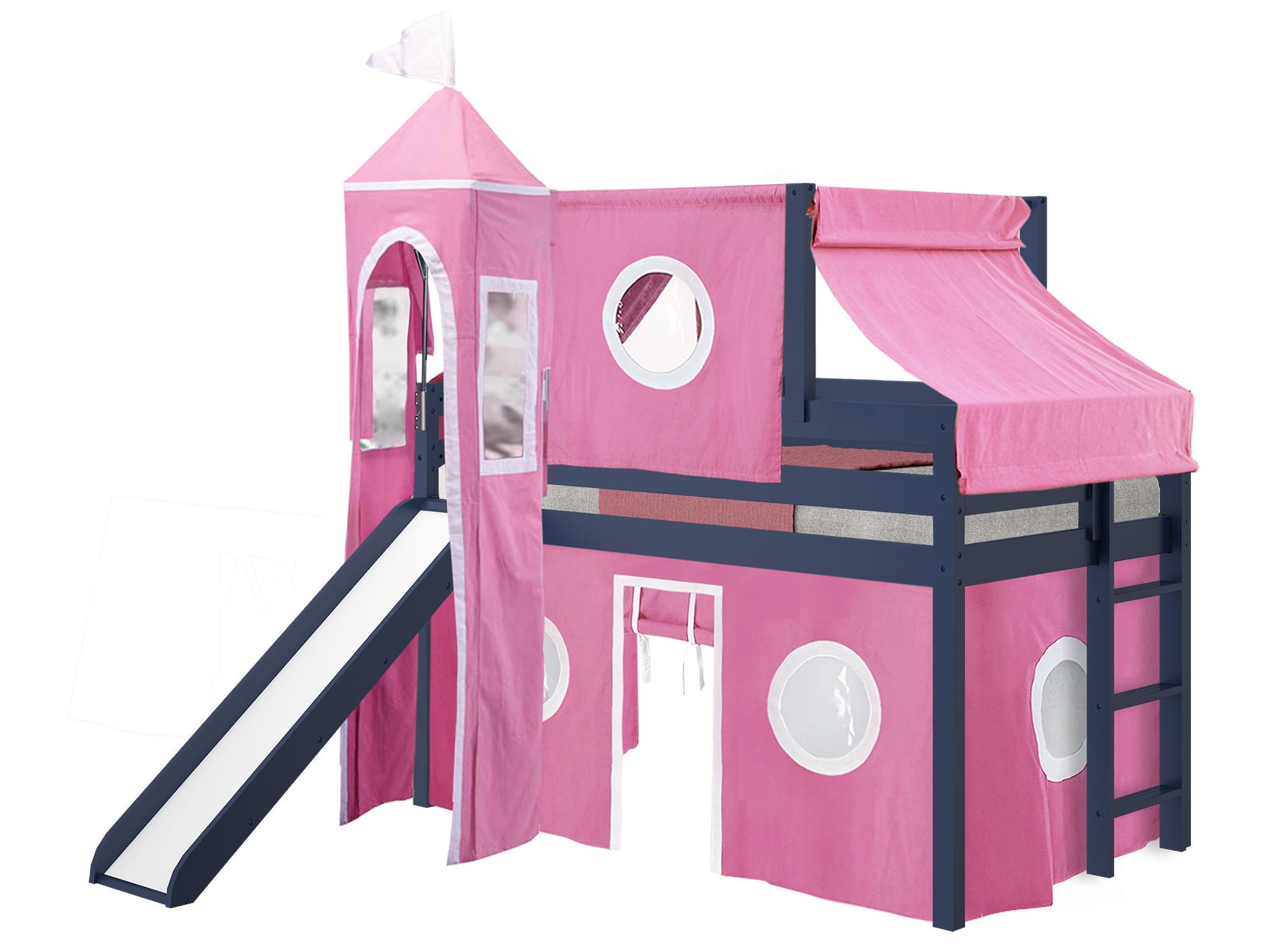 Princess Twin Low Loft Bed with Slide & Pink White Tent - Blue Wooden Bunk Bed for Kids Room, Girls Bedroom Furniture with Play Area for Sleepovers and Playtime