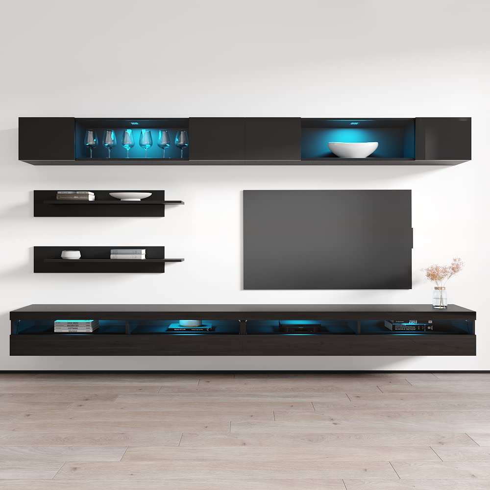 Modern Floating TV Stand with Storage & LED Lights - Wall-Mounted Entertainment Center for Bedroom & Living Room - Space-Saving TV Console with Shelves - Black - Perfect for Small Spaces & Home Theater Setup