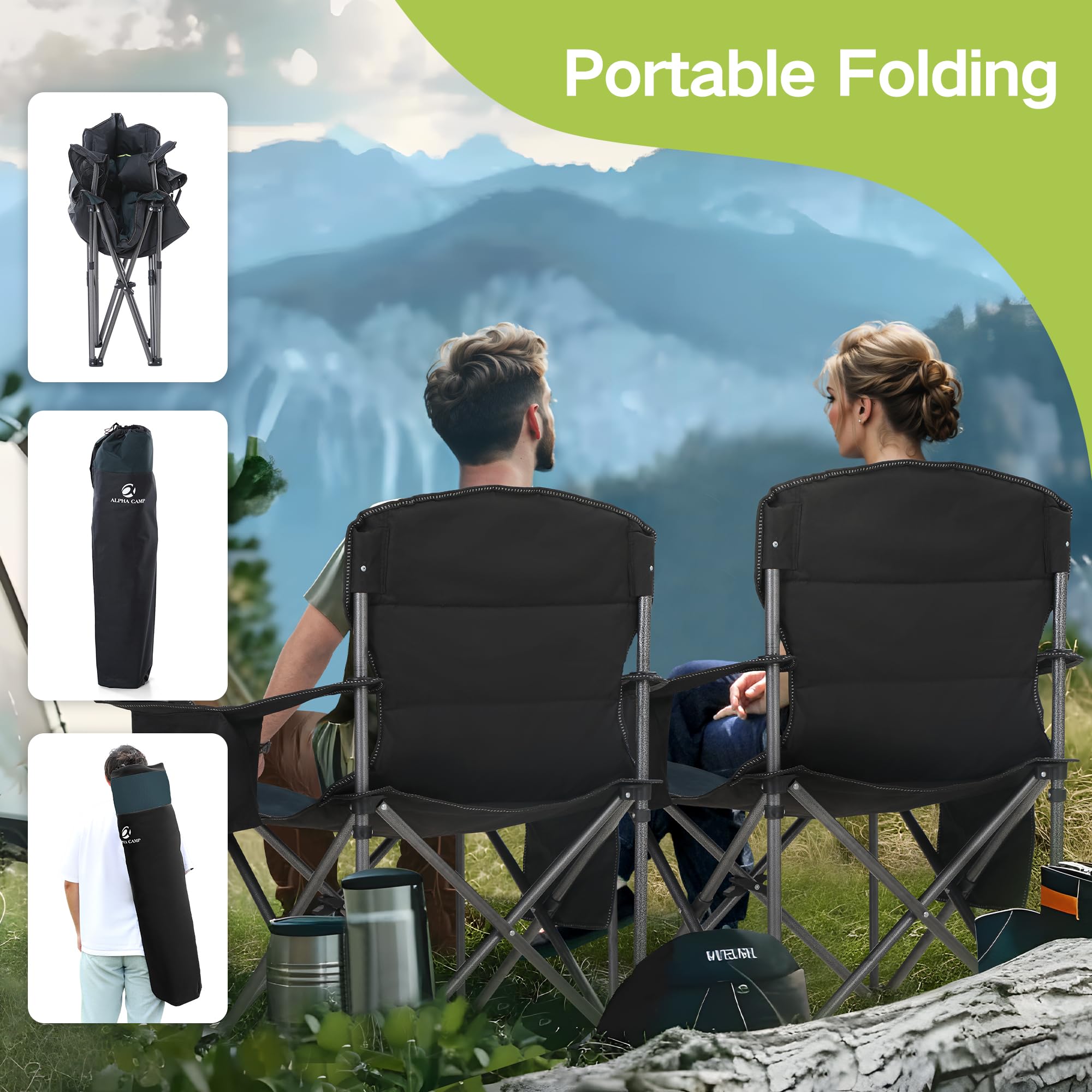 Heavy Duty Folding Camping Chair with Cooler Bag & Cup Holder - Oversized Padded Outdoor Armchair with Storage Pocket & Quad Lumbar Support - Perfect for Backyard, Beach, Picnics, Fishing & Camping Trips