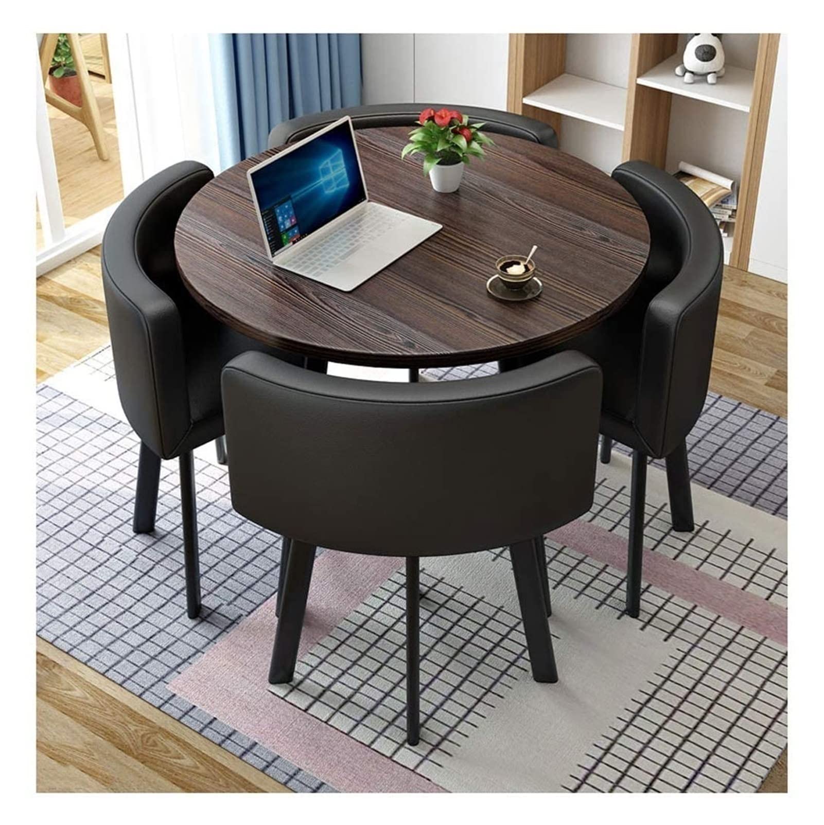 Round Conference Table Set with 4 Chairs - Small Meeting Room Furniture, Office Business Guest Reception Table, Compact Dining Set for Home & Leisure (Black Leather) - Perfect for Office Meetings, Home Offices & Small Conference Rooms