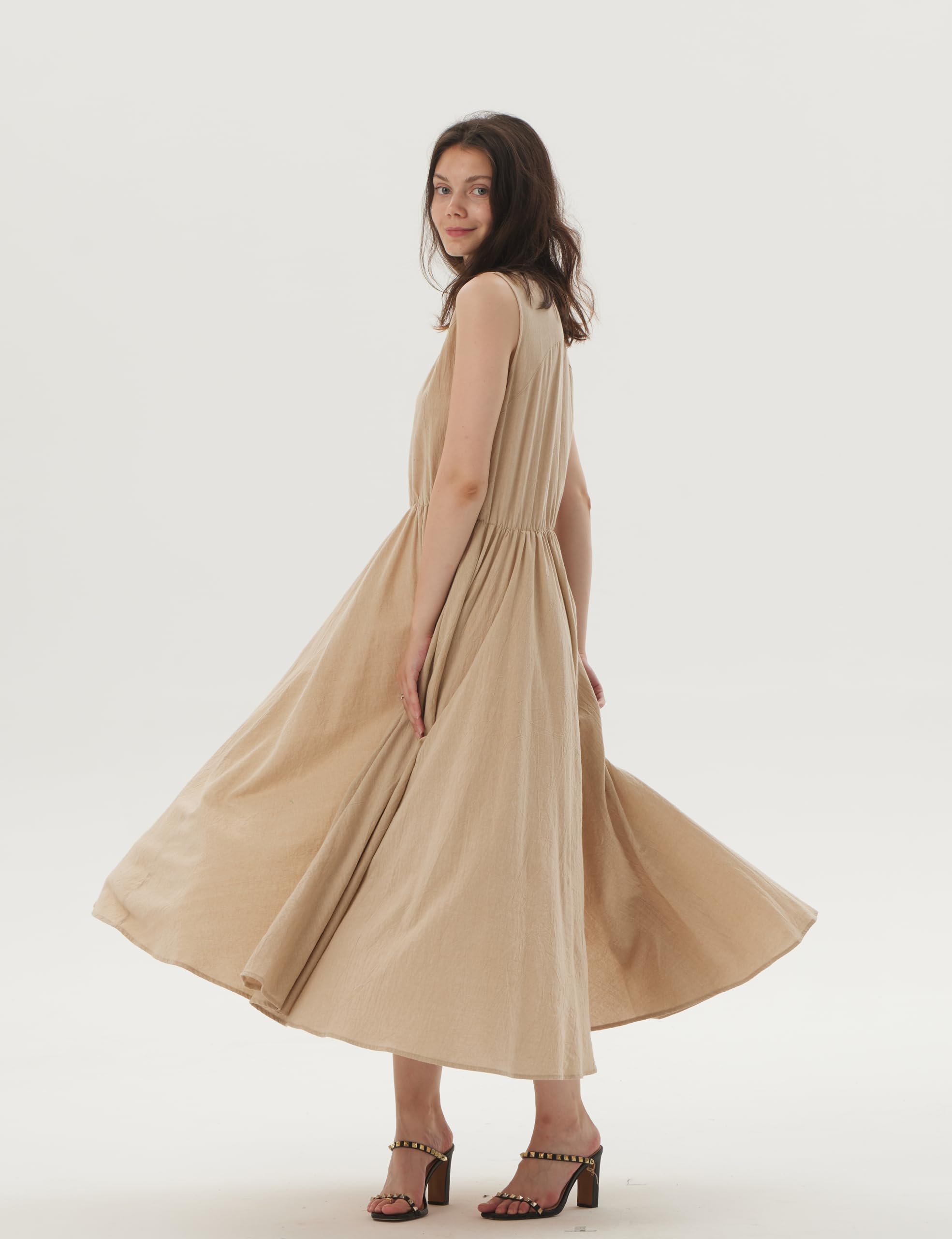 Elegant Women's Linen Maxi Dress - Sleeveless Solid Color Loose Fit Summer Dress (Size S, Natural Linen) for Beach, Vacation & Casual Outings