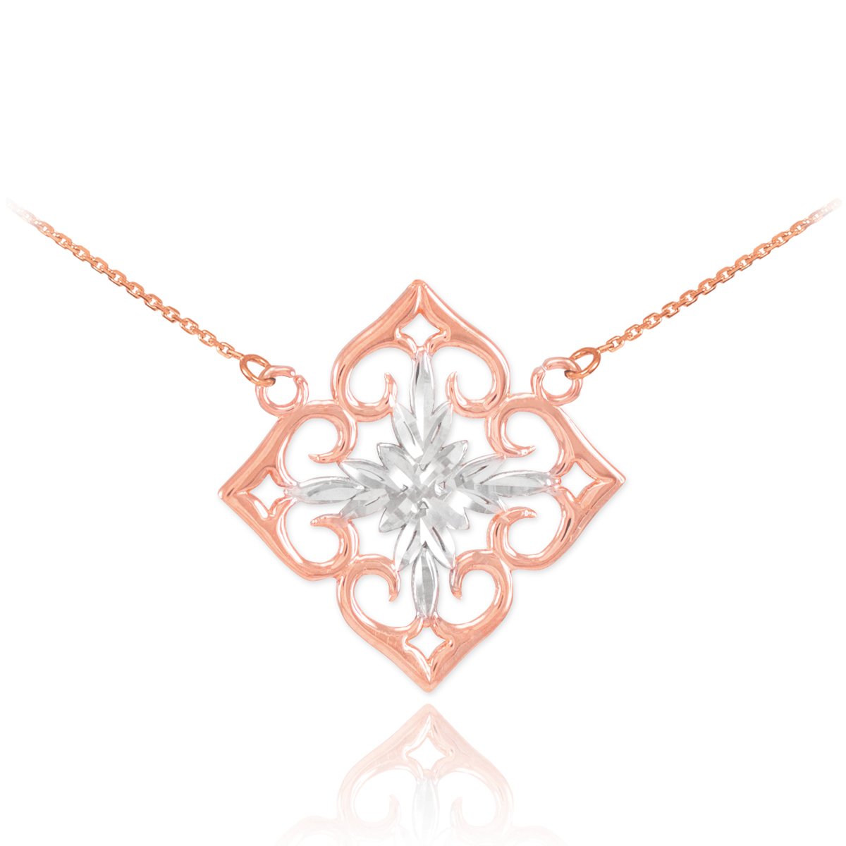 14K Two-Tone Rose Gold Love Knot Charm Quatrefoil Flower Pendant Necklace for Women - Elegant Jewelry Gift for Valentine's Day, Anniversary & Special Occasions