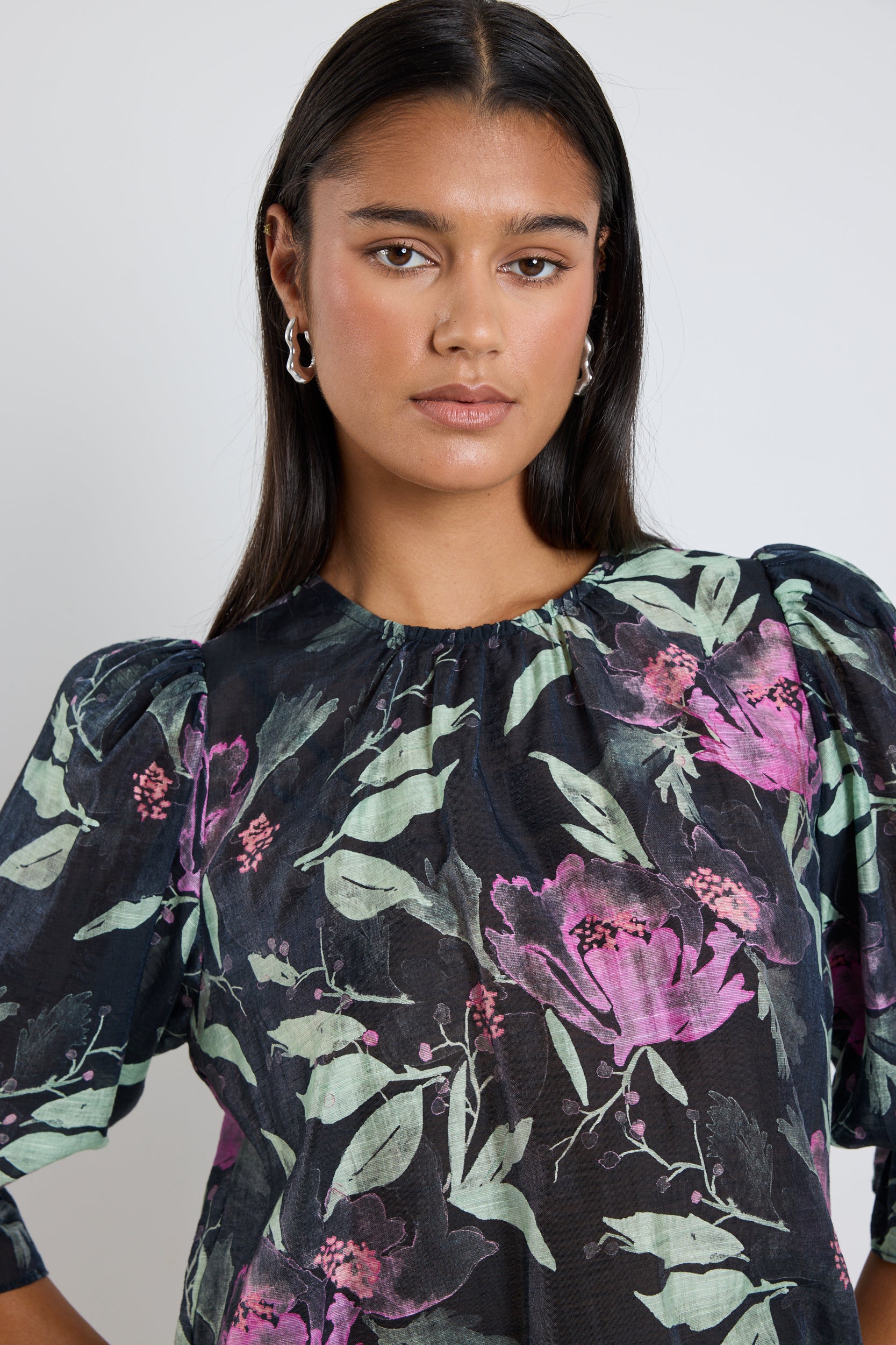 Stylish Petrol Lilac Floral Print Crew Neck Mid Sleeve Blouse for Women | Casual Summer Tops | Perfect for Office Wear, Date Nights & Weekend Outings