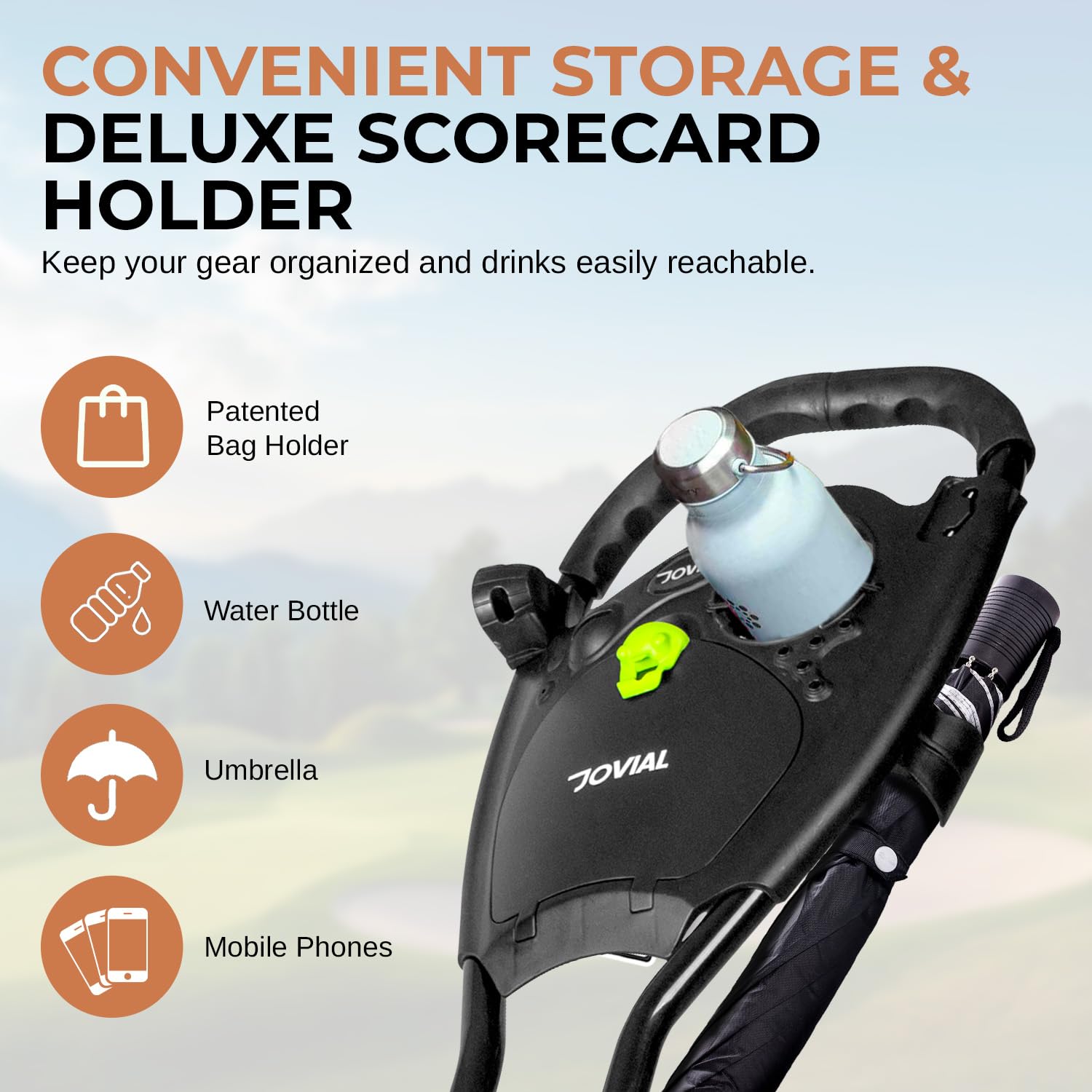 JOVIAL 3 Wheel Golf Push Cart - Lightweight Aluminum Frame Golf Caddy with Deluxe Scorecard Holder & Patented Bag Holder | Foldable, Collapsible & Adjustable Handle | Perfect for Golf Courses, Driving Ranges & Outdoor Practice