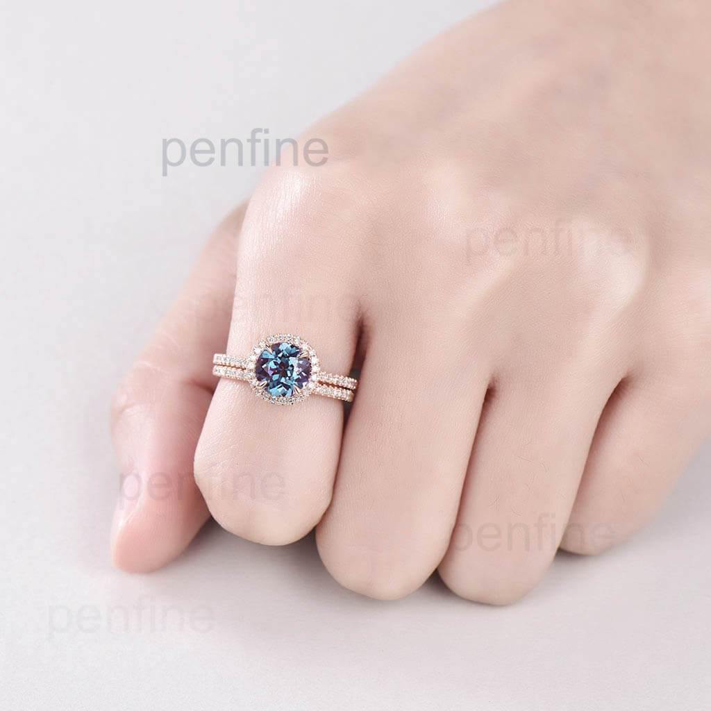 Exquisite Diamond Halo Alexandrite Engagement Ring & Wedding Band Set | Vintage-Inspired Waverly Design | Perfect for Proposals, Anniversaries & Bridal Jewelry
