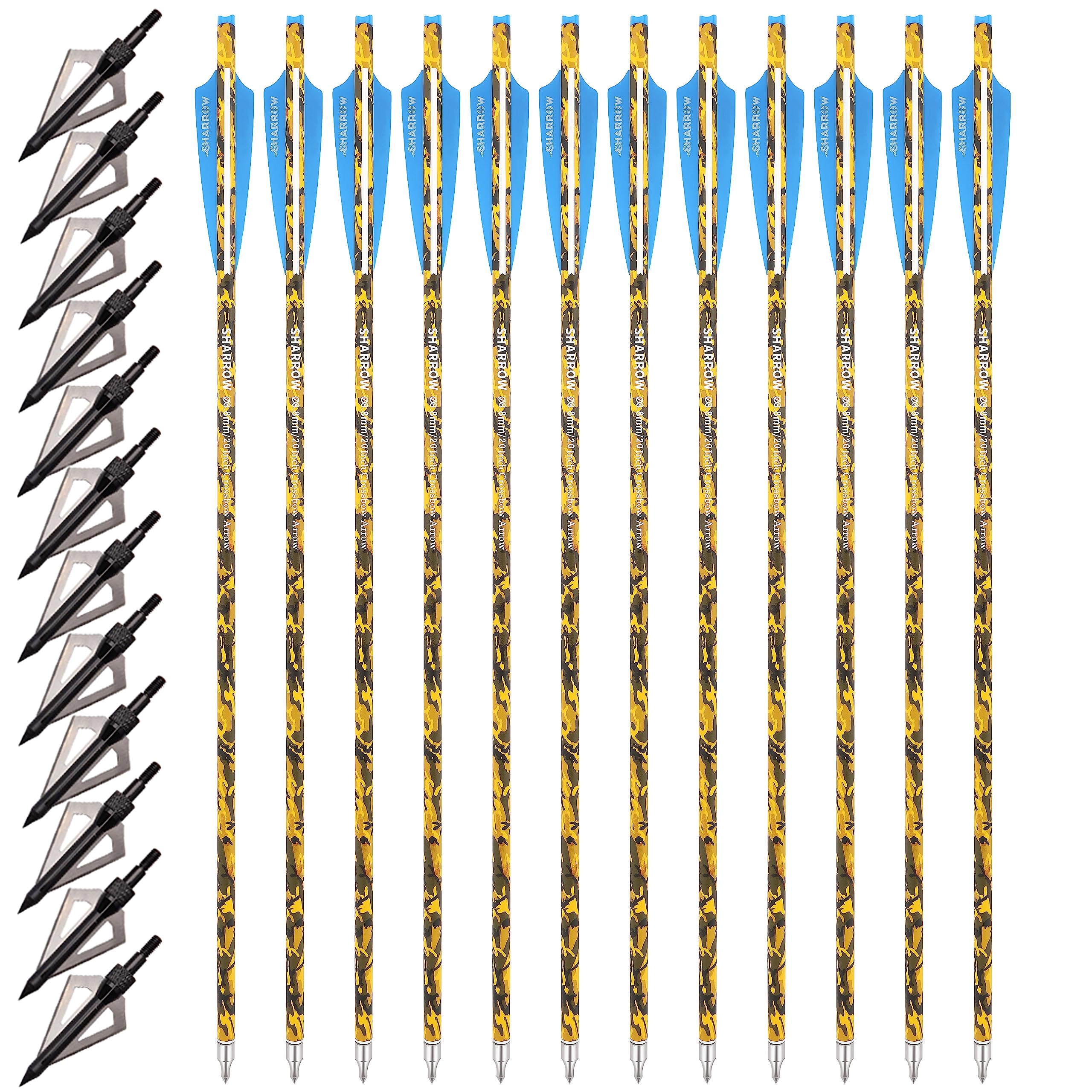 ZSHJGJR 16-22 Inch Carbon Crossbow Bolts with Screw-in Broadheads - Camo Shaft Hunting Arrows for Crossbow Shooting, 6/12PCS - Ideal for Hunting, Target Practice, and Outdoor Adventures
