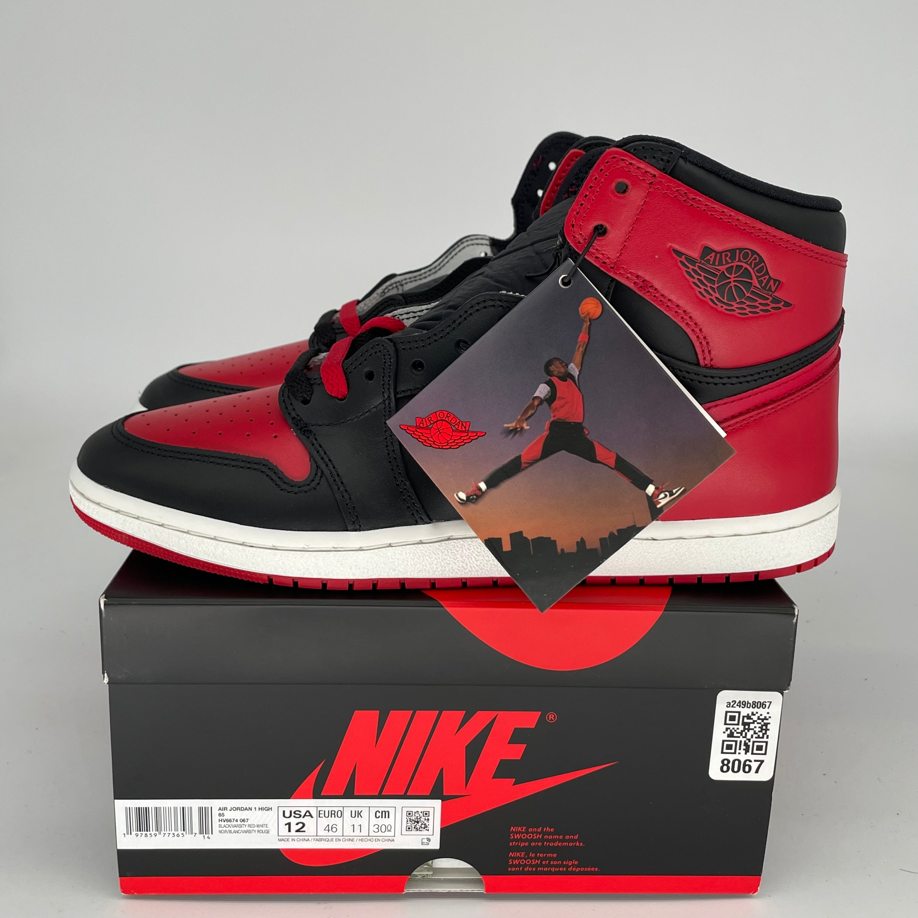 Original Air Jordan 1 Retro High '85 Bred Black/Red Size 12 Men's Basketball Shoes HV6674-067 - Perfect for Sneaker Collectors & Streetwear Fashion