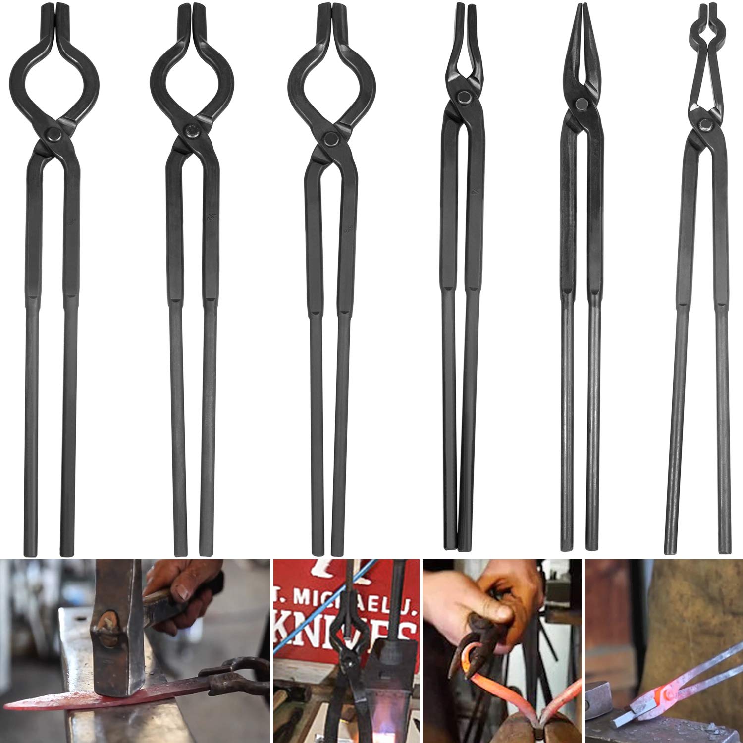 Professional Blacksmith Tongs Set for Knife Making & Bladesmithing - 6-Piece Forge Tool Kit with 1/4