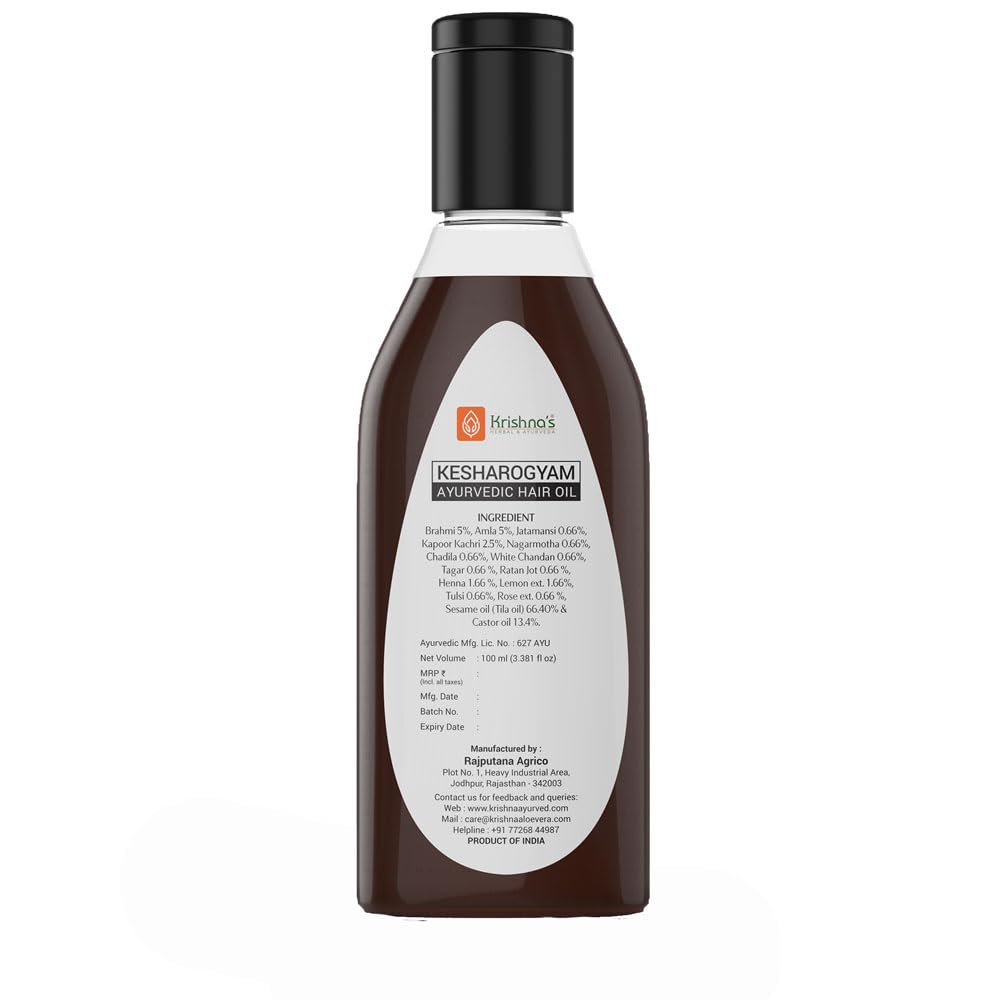 Krishna's Kesharogyam Ayurvedic Hair Oil - 100ml Natural Hair Growth Treatment with 15 Herbs (Amla, Jatamasi) | Paraben-Free for Strong, Healthy Hair | Perfect for Daily Scalp Massage & Hair Care Routine