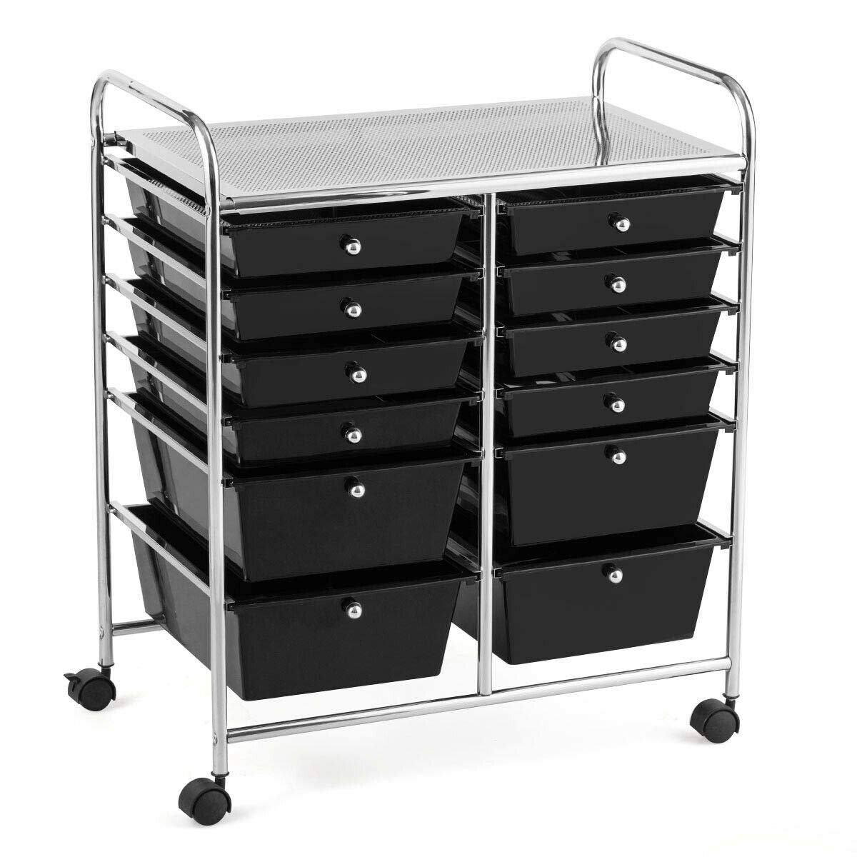 Black 12-Drawer Rolling Cart with Storage Bins - Lightweight Mobile Organizer for Scrapbook Paper, Studio Supplies | Perfect for Home Office, Garage & School | Ideal for Craft Rooms, Workshops & Dorm Organization