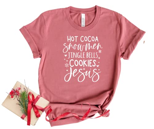 Faith-Based Christmas T-Shirts for Women Plus Size - Religious Holiday Apparel with Hot Cocoa Snowmen & Jingle Bells Design - Christian Gifts, Stocking Stuffers for Church Groups & Family Gatherings