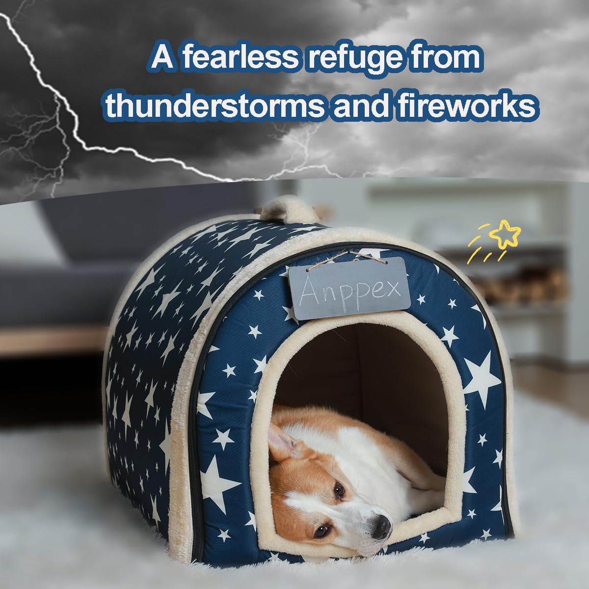 ANPPEX Large Cozy Indoor Dog House with Removable Cushion - Waterproof Covered Pet Bed for Small & Medium Dogs - Perfect for Living Room, Bedroom or Patio Use