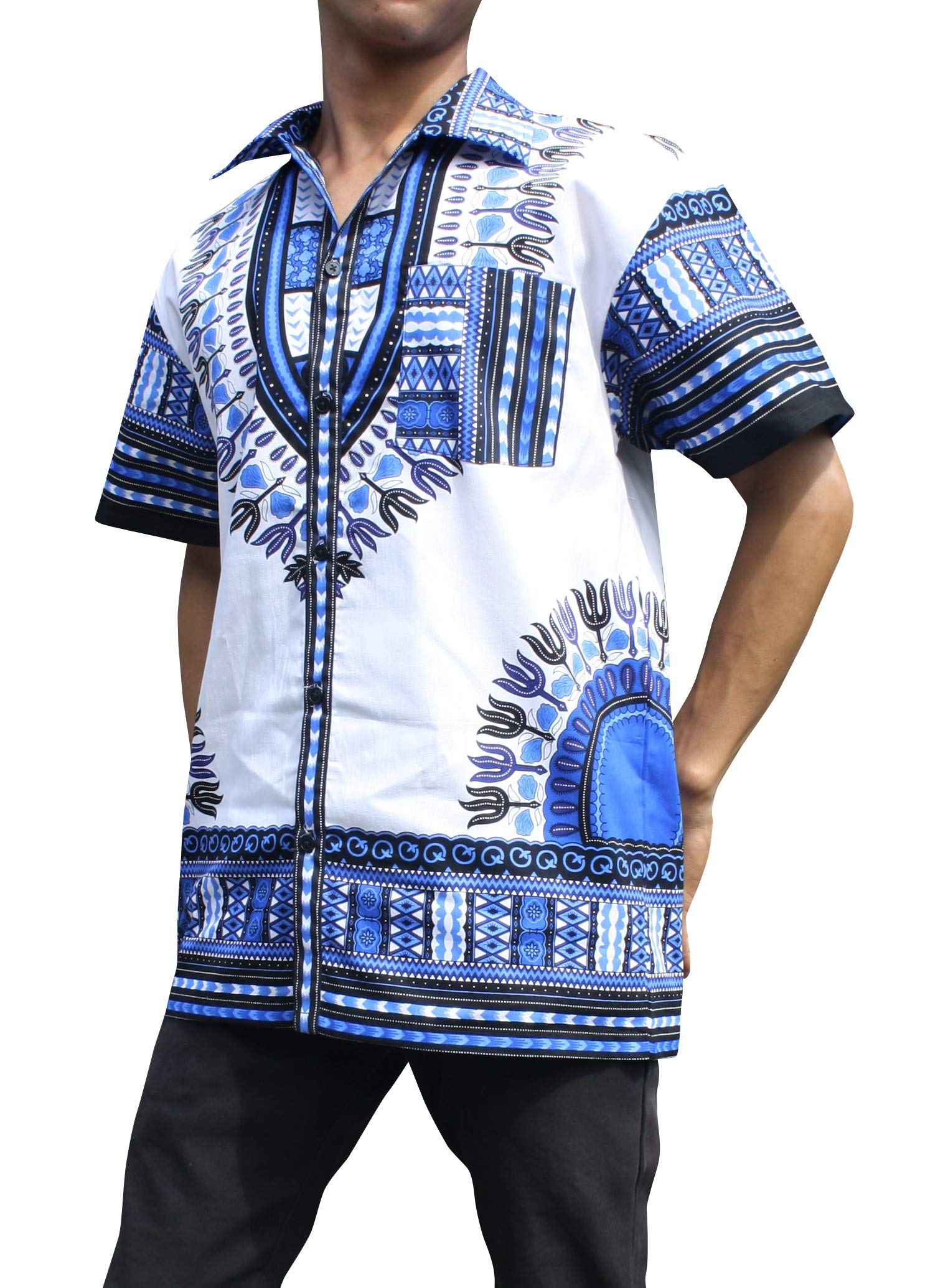 Men's African Dashiki Art Hawaiian Shirt - 100% Pure Cotton, Large Collar, Breathable & Comfortable - Perfect for Beach Vacation, Summer Parties & Cultural Events