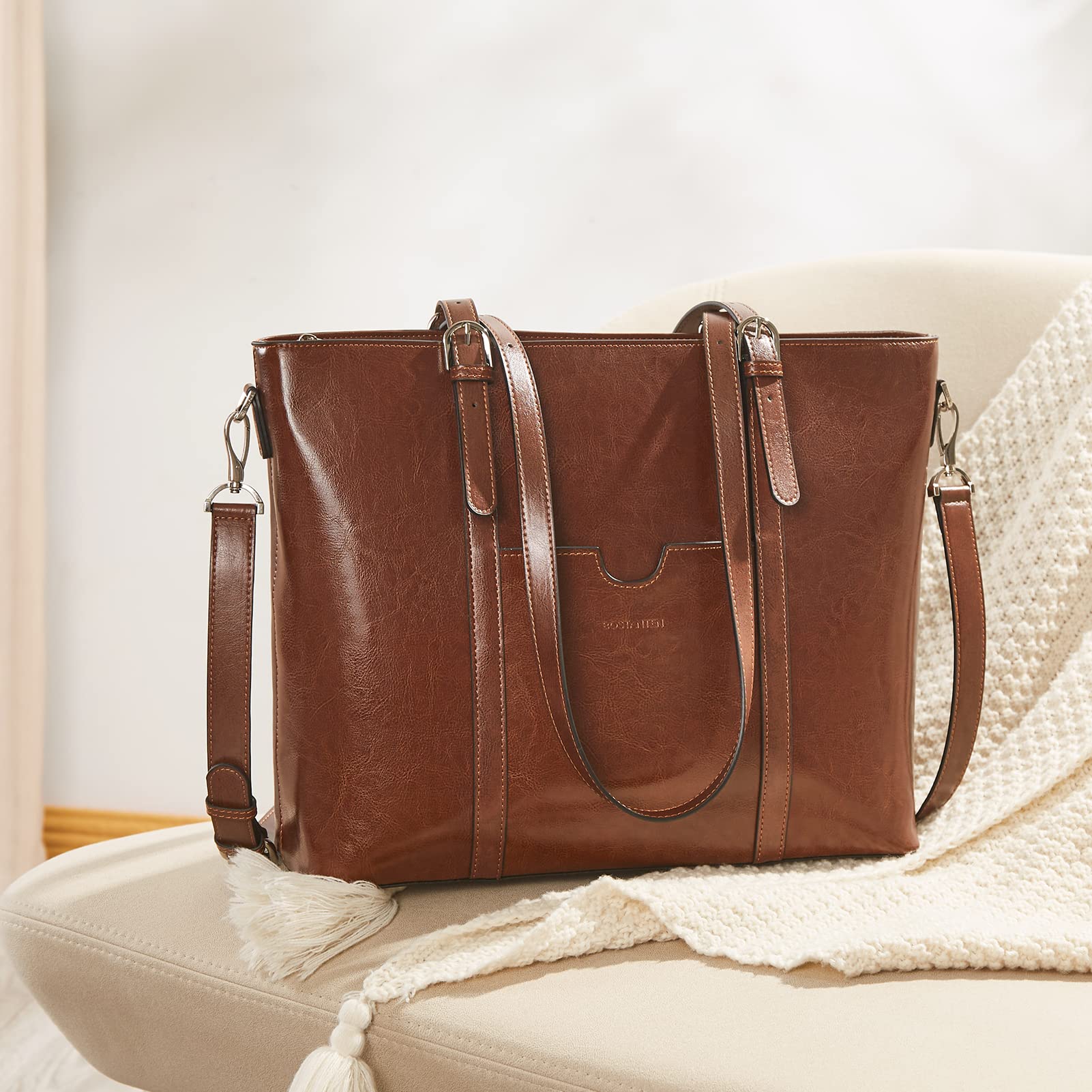 BOSTANTEN Women's Vintage Leather Laptop Tote Bag - 15.6 Inch Office Shoulder Handbag & Work Briefcase Purse for Business, Travel, and Daily Commute