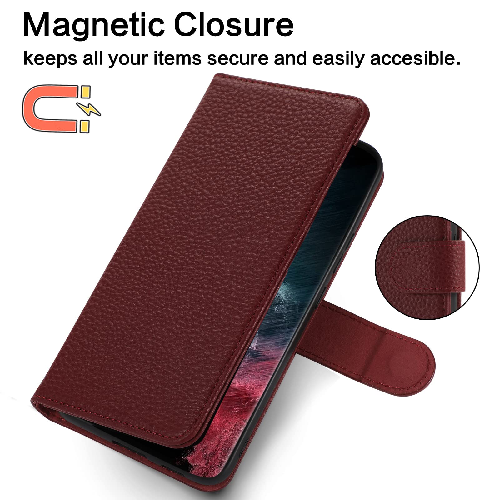 Google Pixel 6 Pro Wallet Case - Genuine Cowhide Leather RFID Blocking Flip Cover with Card Holder & Kickstand | Shockproof TPU Shell | Wine Red | Perfect for Business Travel & Daily Commute