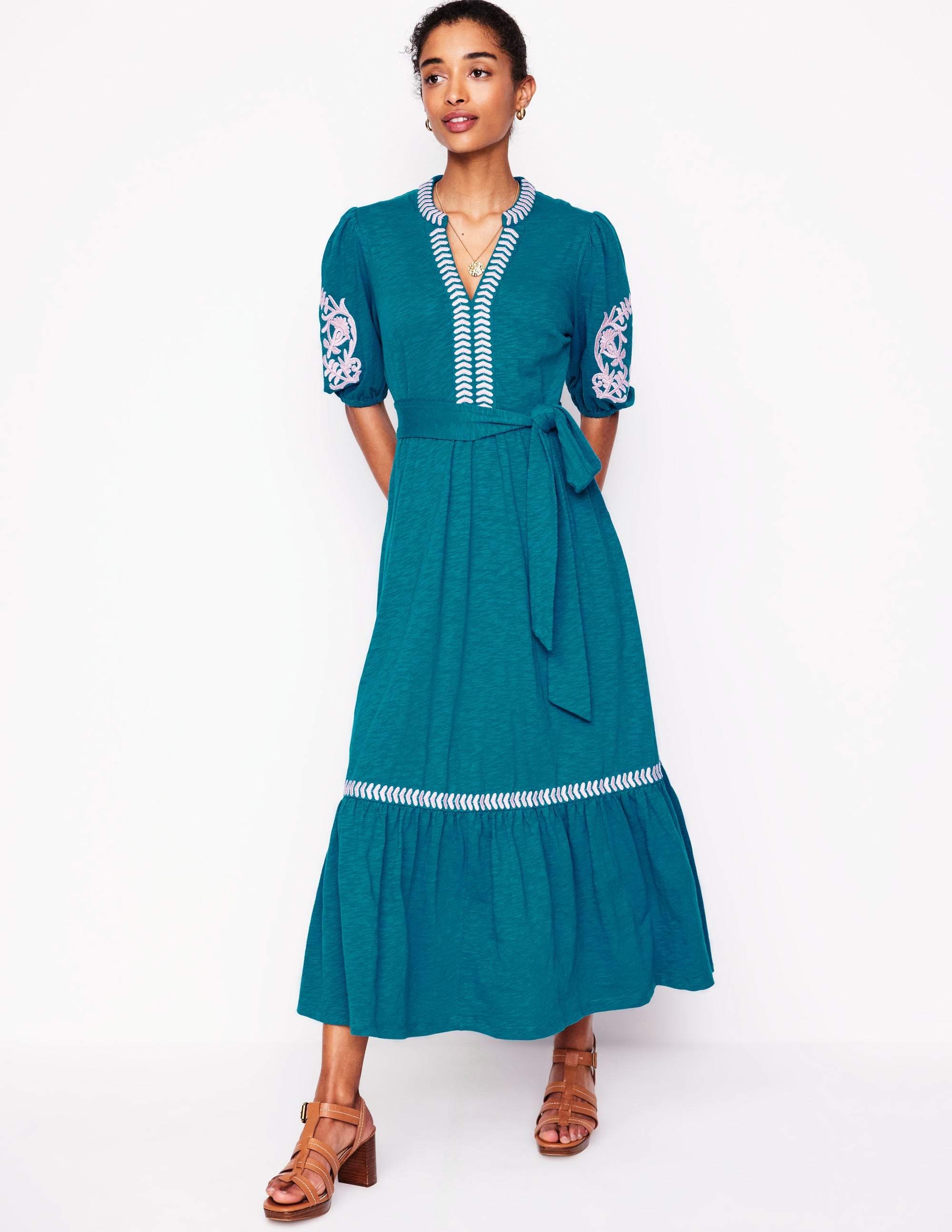 Amara Embroidered Jersey Dress - Deep Sea & Meadowsweet Pink | Flowy Summer Dress for Beach Vacations, Date Nights & Casual Outings