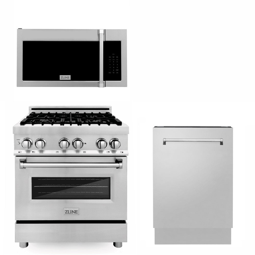 ZLINE 30 Inch Stainless Steel Dual Fuel Range Kitchen Package with Traditional Over-The-Range Microwave & Tall Tub Dishwasher (3KP RAOTRH30 DWV) - Perfect for Modern Home Kitchens, Restaurant-Style Cooking & Entertaining