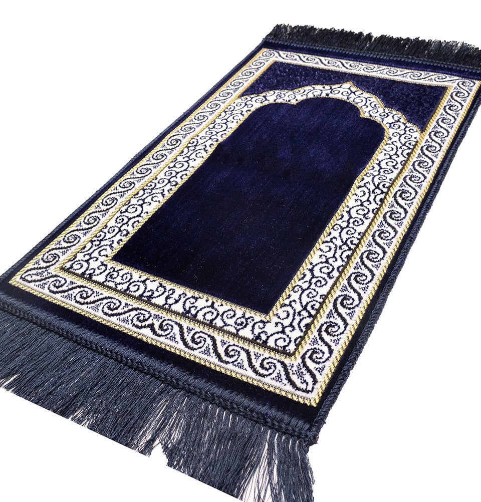 Premium Child Velvet Islamic Prayer Rug - Vine Swirl Navy Blue Design for Kids | Perfect for Home, Mosque & Travel Prayer Needs