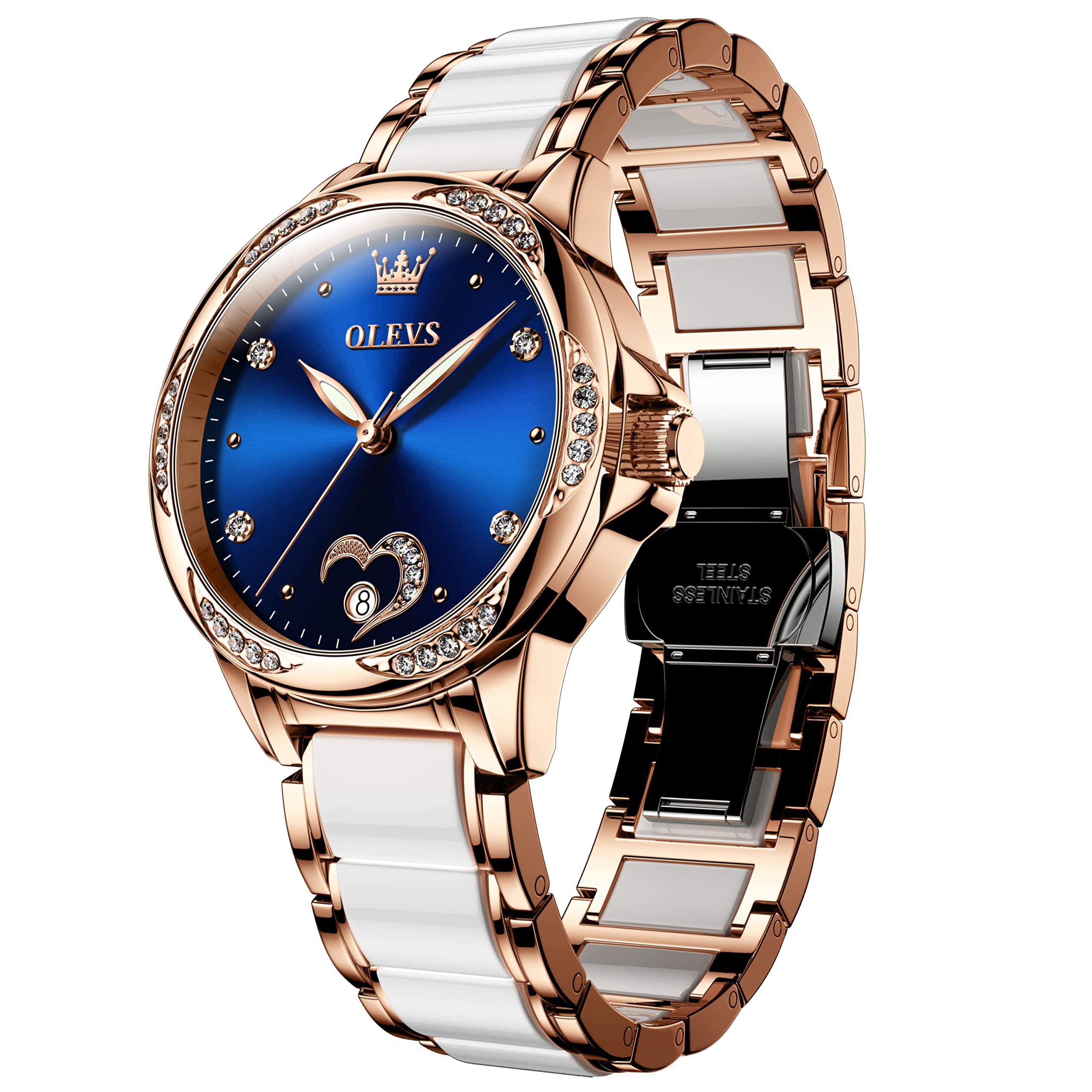 OLEVS Women's Automatic Watch - Luxury Large Face Diamond Accented Self-Winding Dress Watch with Two-Tone Stainless Steel & Ceramic Bracelet | Waterproof Ladies Watch for Business, Party & Everyday Wear