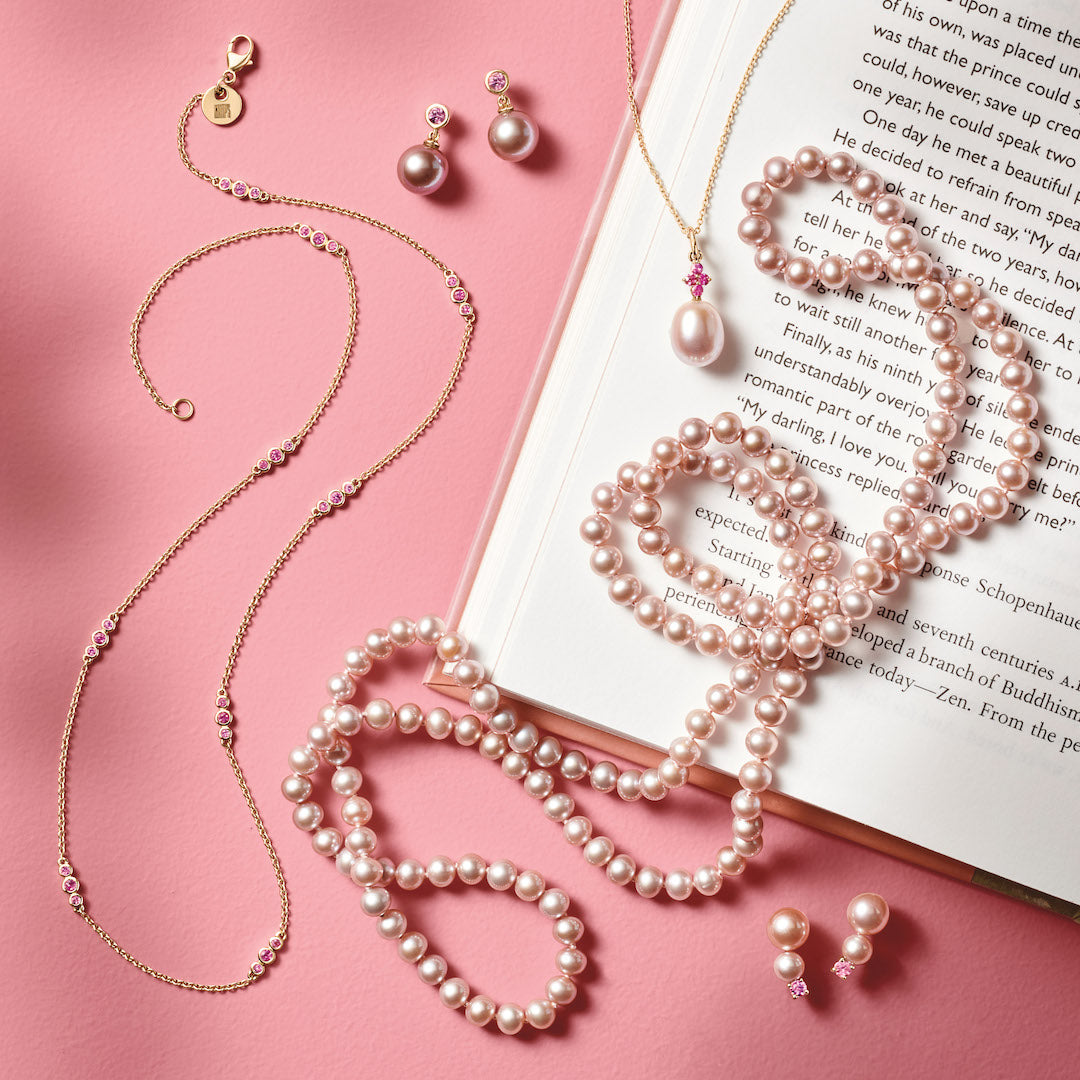 Elegant Pink Pearl & Pink Sapphire Pendant Necklace | 14K Gold Plated Jewelry for Women | Perfect for Weddings, Anniversaries & Special Occasions