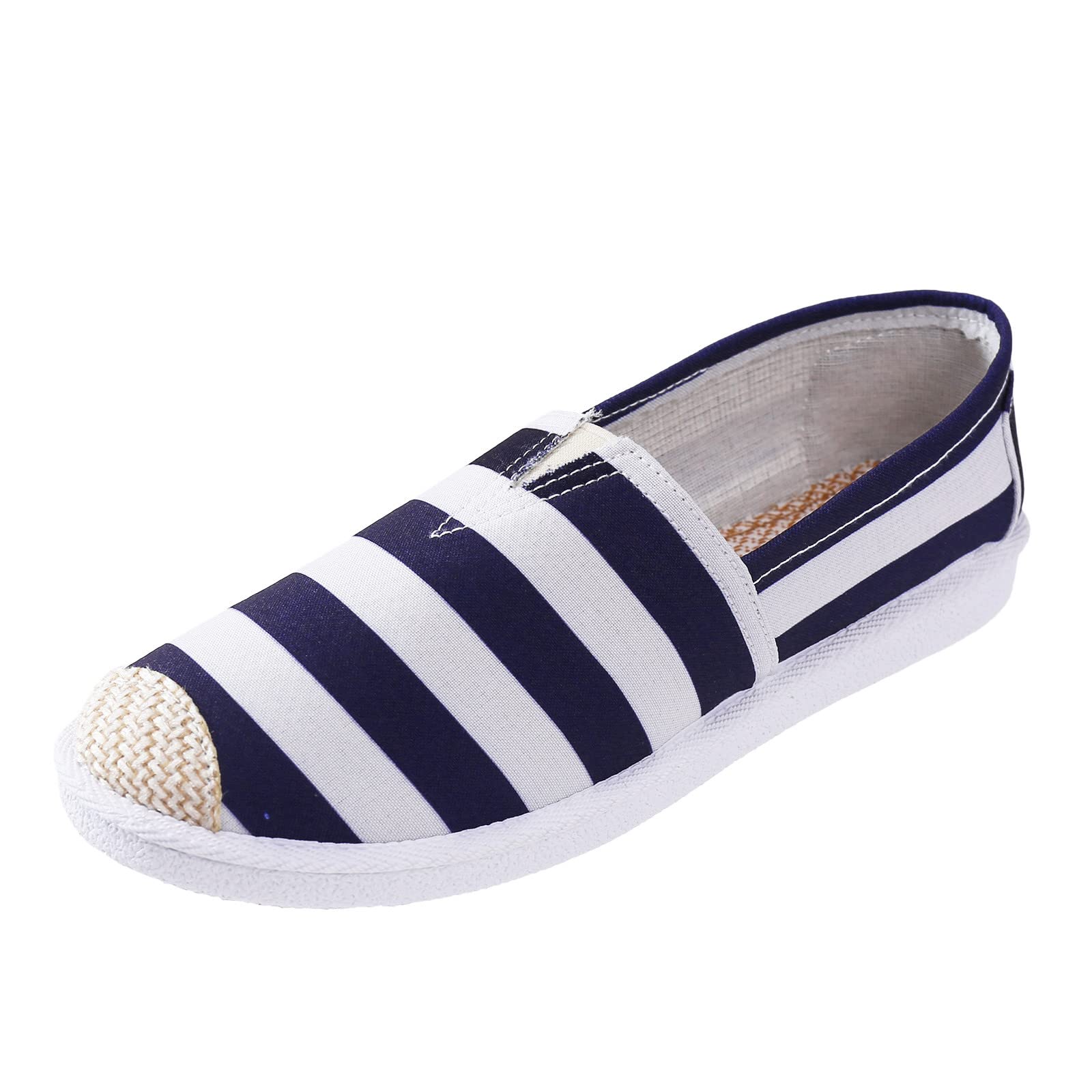 Women's Casual Slide Sandals - Breathable Canvas Slip-On Summer Shoes with Colorblock Striped Pattern & Wedge Heel for Work, Beach, Walking (Dark Blue, Size 7.5) | Perfect for Office, Vacation & Everyday Wear