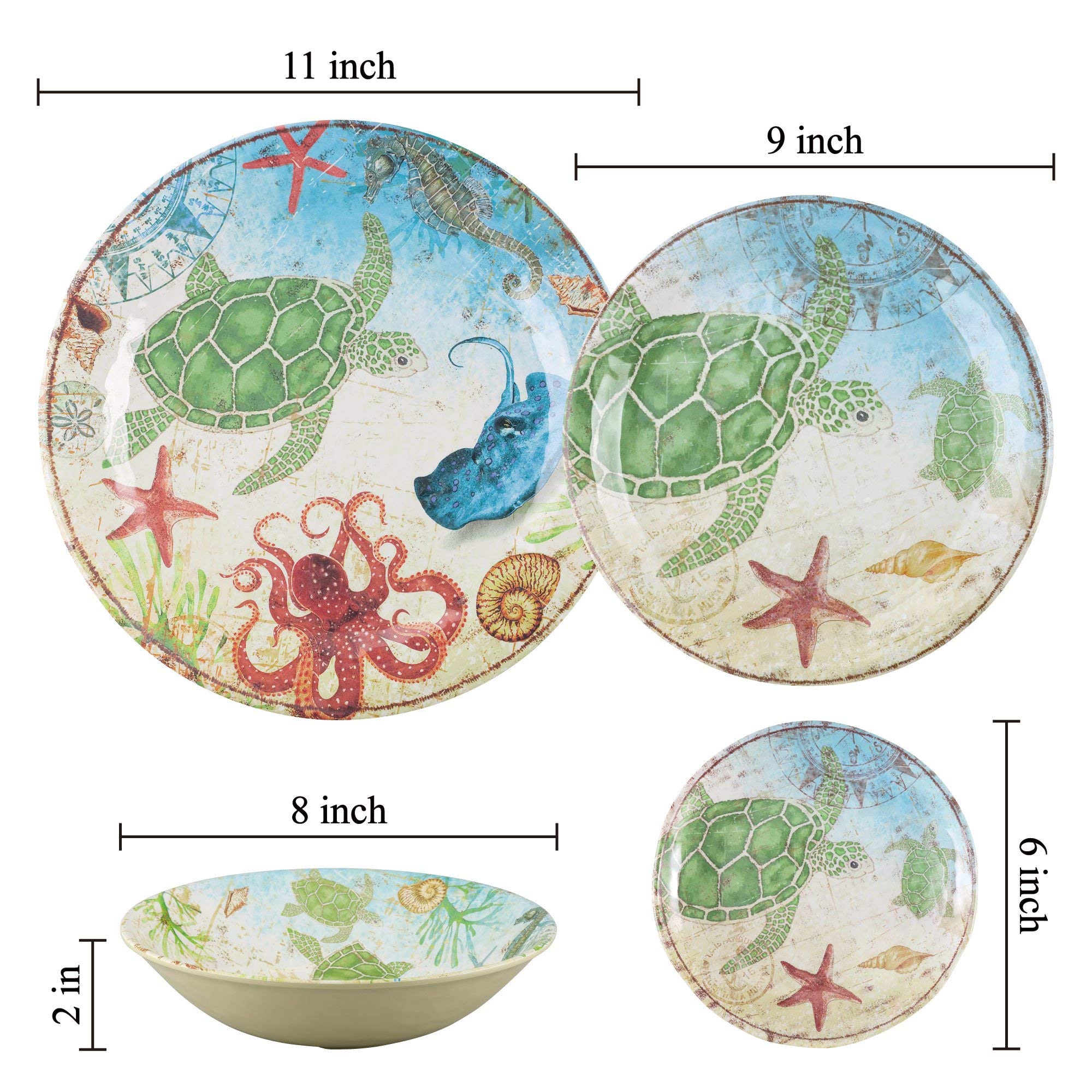 UPware Sea Turtle Melamine Round Dessert Plates - 6 Inch Small Serving Plates for Appetizers, Snacks & Side Dishes - Colorful Set of 4 - Perfect for Beach Parties, Picnics & Outdoor Dining