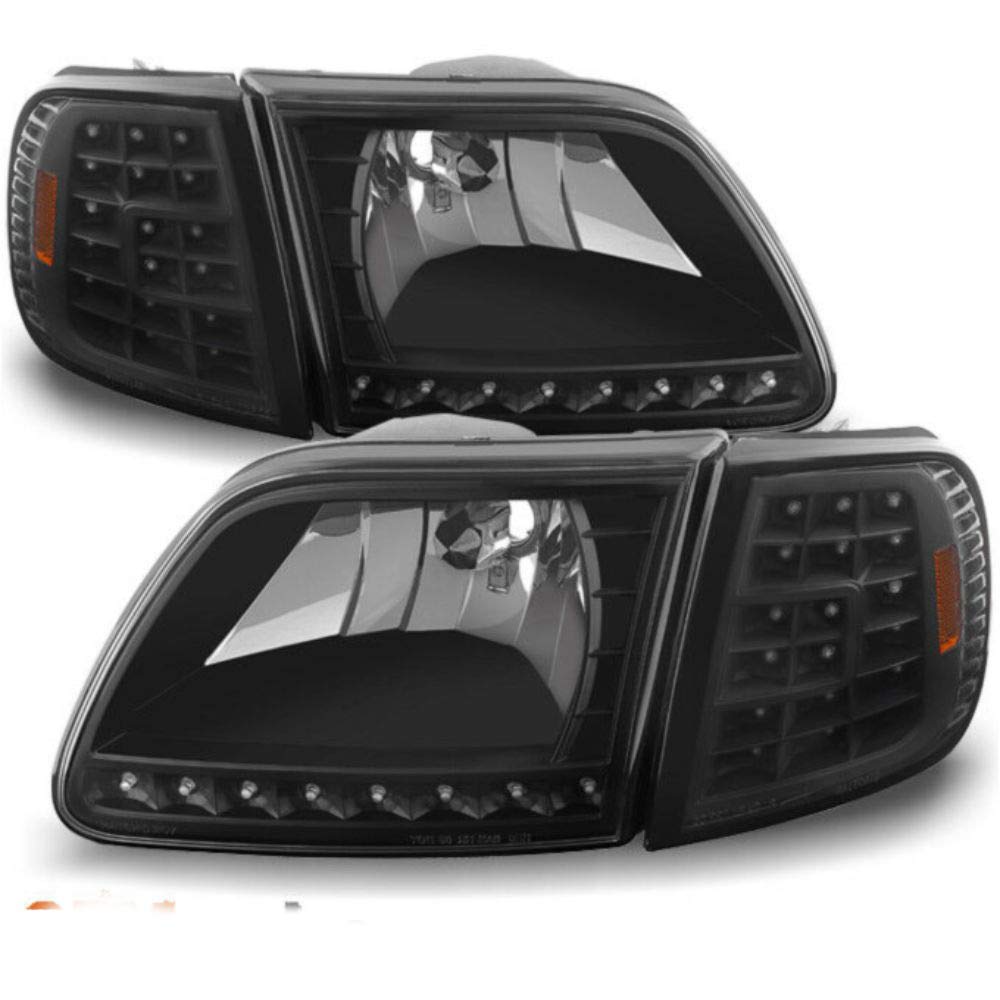 1997-2004 Ford LED Headlight Assembly Kit - Black Housing with LED Corner Lights (Left & Right) - Upgrade for F-150, Expedition & More - Perfect for Night Driving & Off-Road Adventures
