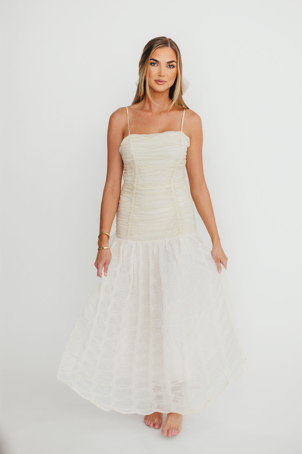 Rosie Ruched Maxi Dress with Bow Back Detail - Cream Elegant Formal Evening Gown for Weddings, Parties & Special Occasions
