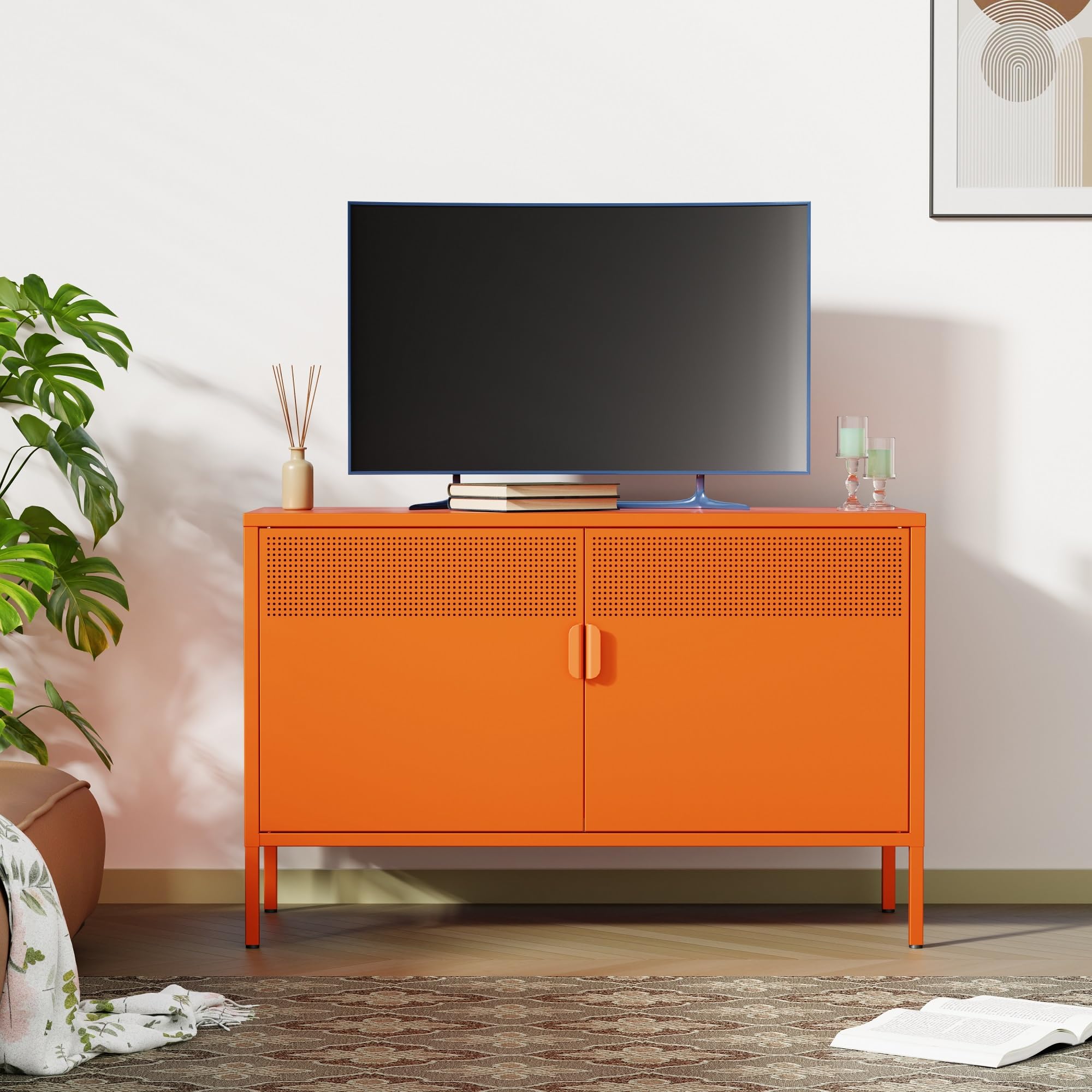Orange Wide Metal Locker Storage Cabinet - 2 Door Industrial Style Cabinet for Home & Office Organization - 2 Tier Low Profile Metal Cabinet with Adjustable Shelf - Perfect as TV Stand, Entryway Storage or Dorm Room Furniture
