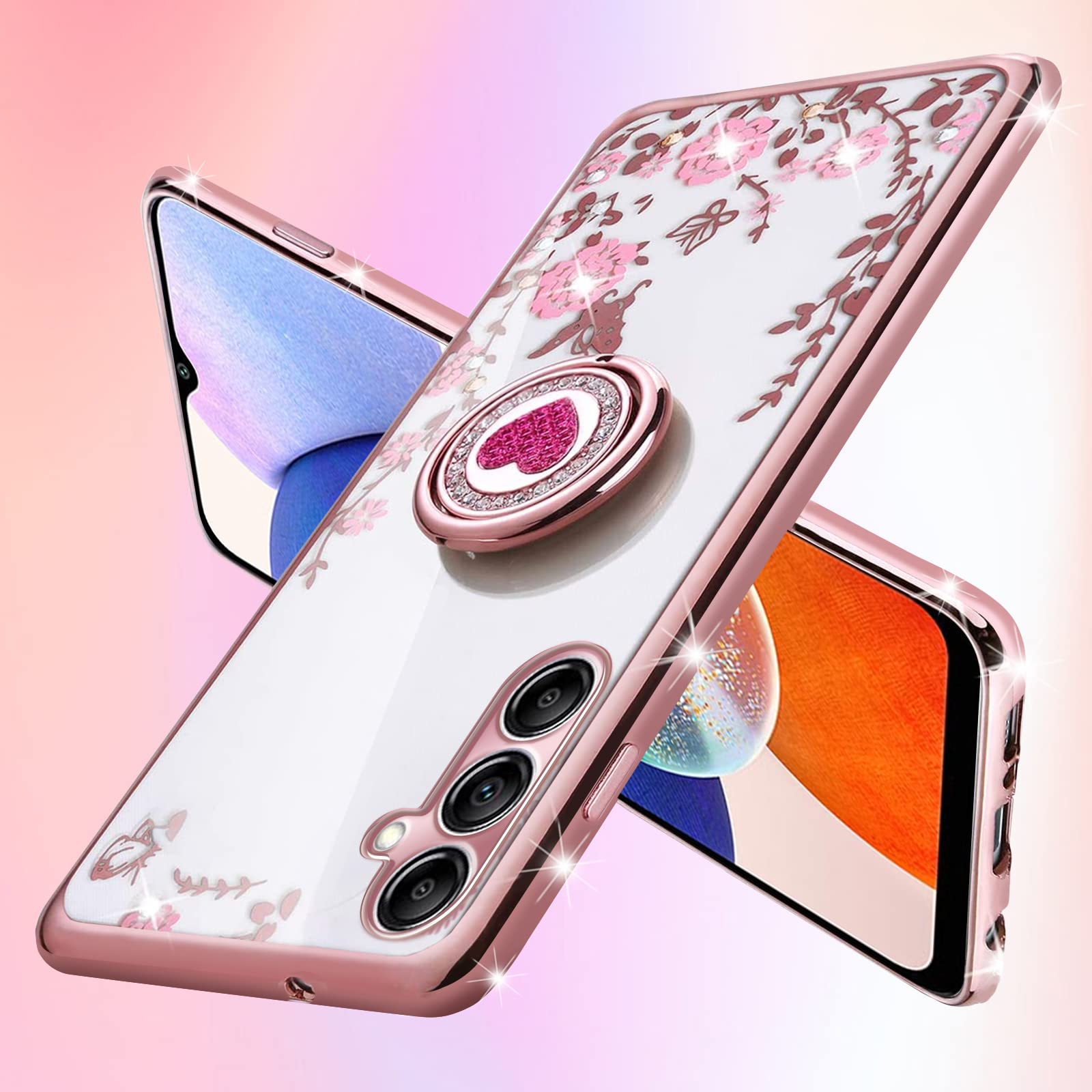 Samsung Galaxy A14 5G Case - Glitter Crystal Butterfly Heart Floral Slim TPU Protective Cover with Ring Holder & Strap for Women (Rose Gold) | Cute Bling Phone Case for Everyday Use, Work & Travel